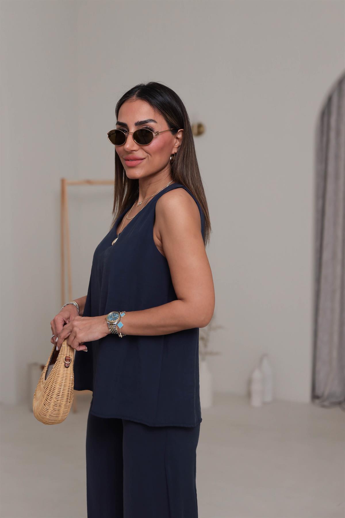 3142 V Yaka Sıfır Kol Tencel Takım LACİVERT