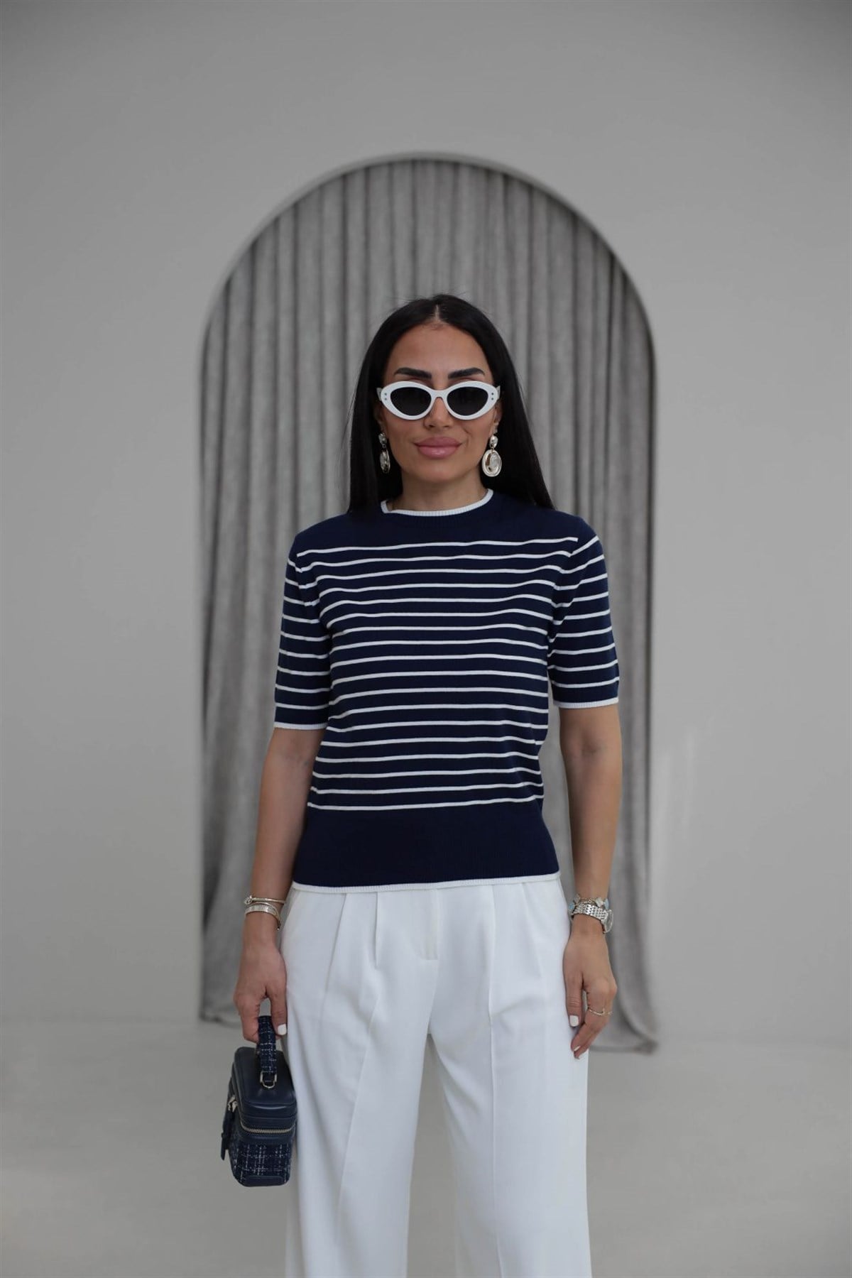 T-122 Çizgili Bisiklet Yaka Kısa Kol Triko Bluz LACİVERT