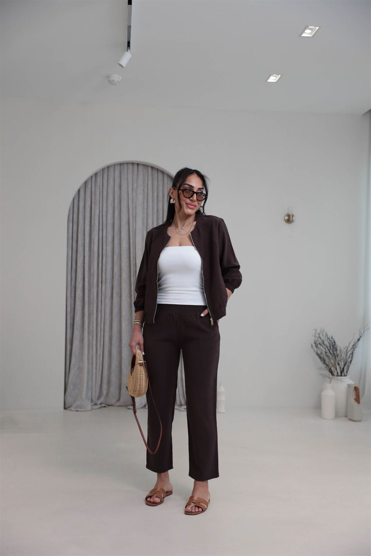 7132 Fermuarlı Tok Tencel Ceket Pantolon Takım KAHVE