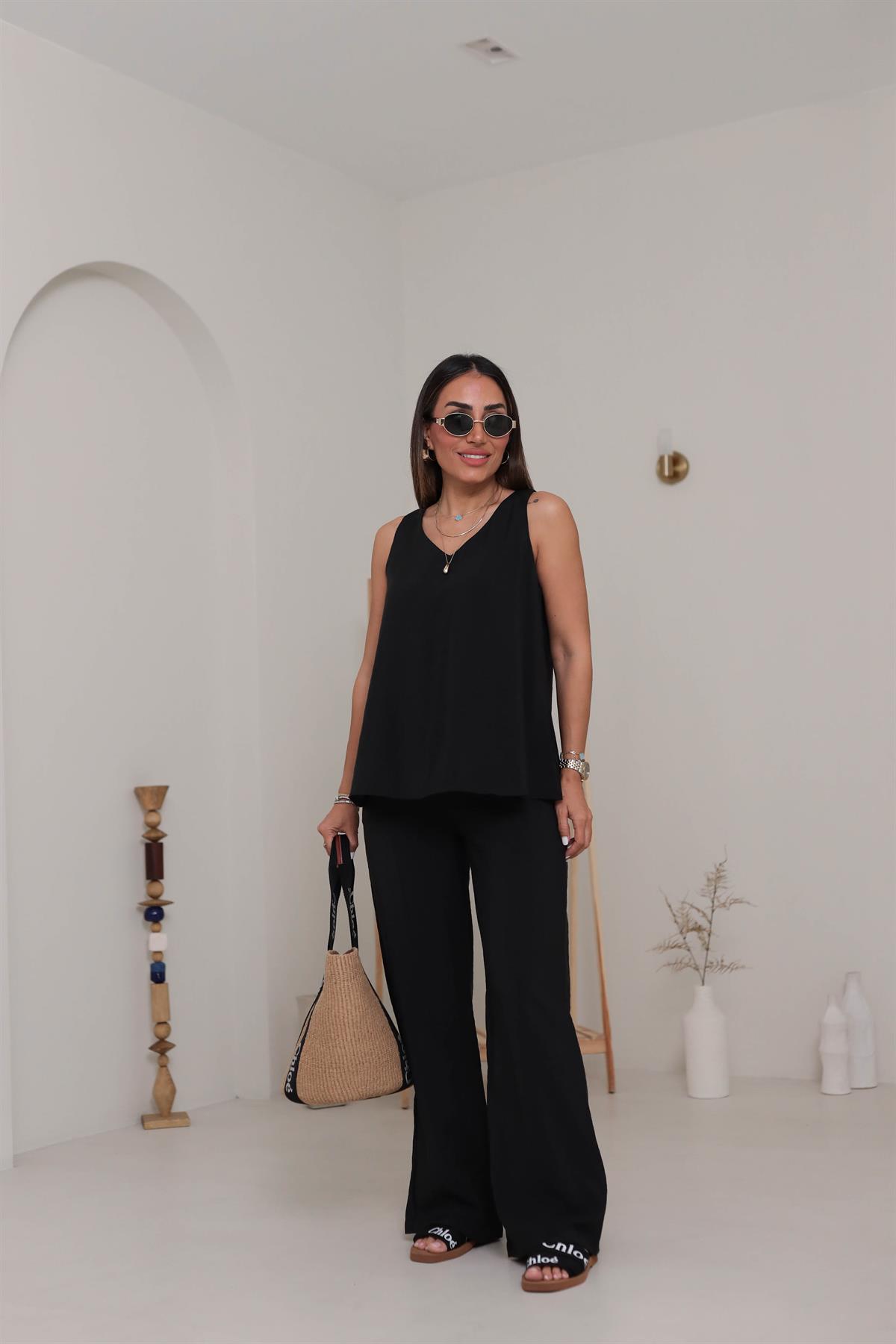 3142 V Yaka Sıfır Kol Tencel Takım SİYAH