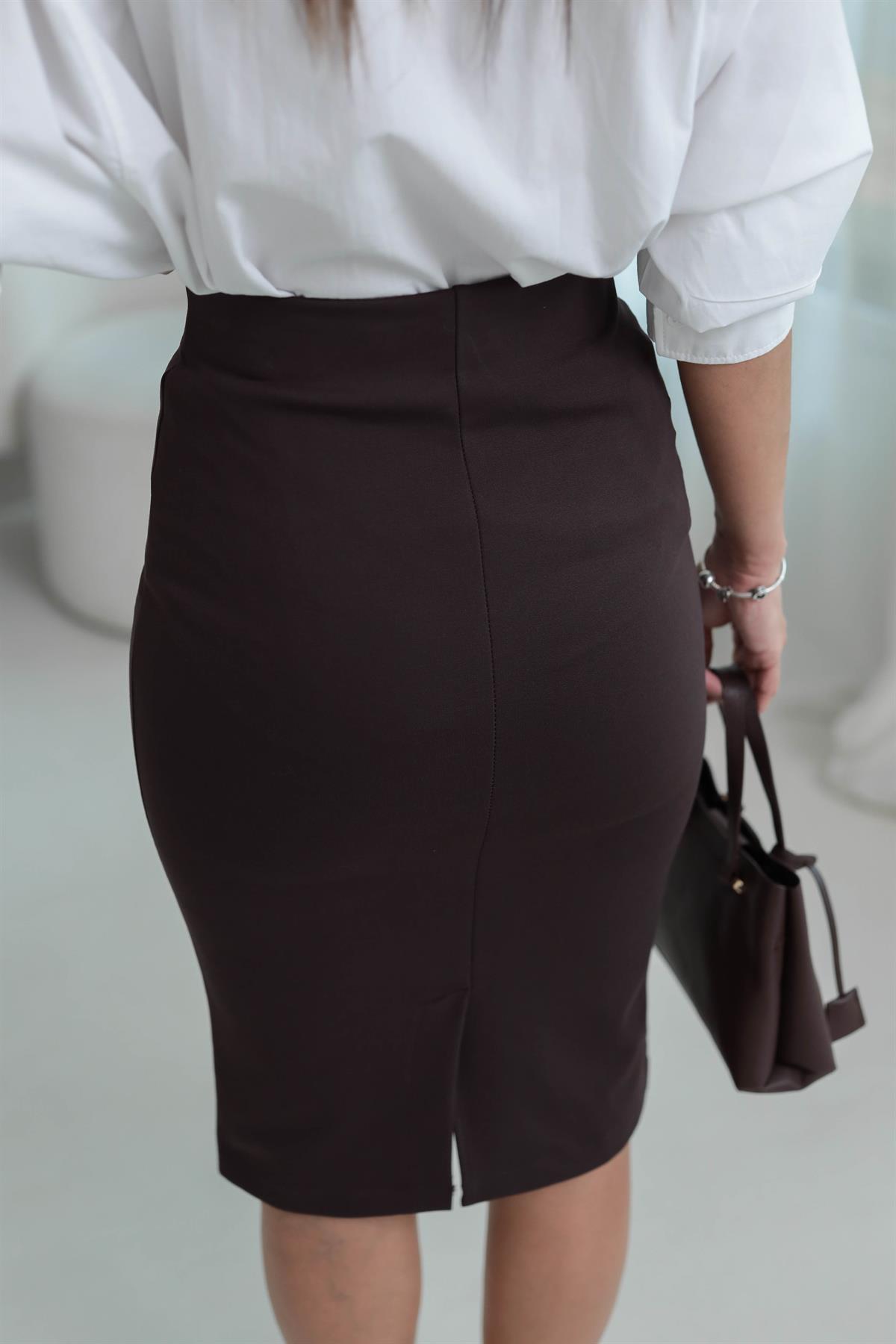 3130 Önü Düğme Detaylı Etek KAHVE