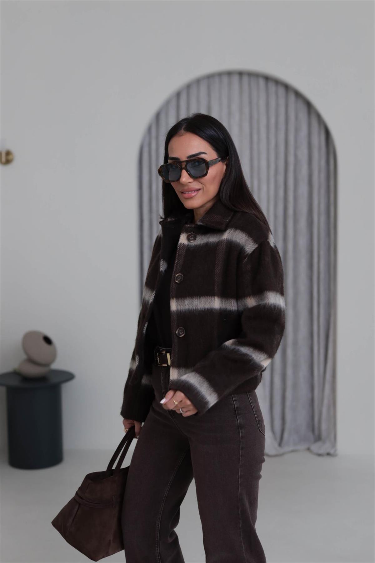 5115 Arkası Büzgü Detaylı Ekose Astarlı Ceket ACI KAHVE