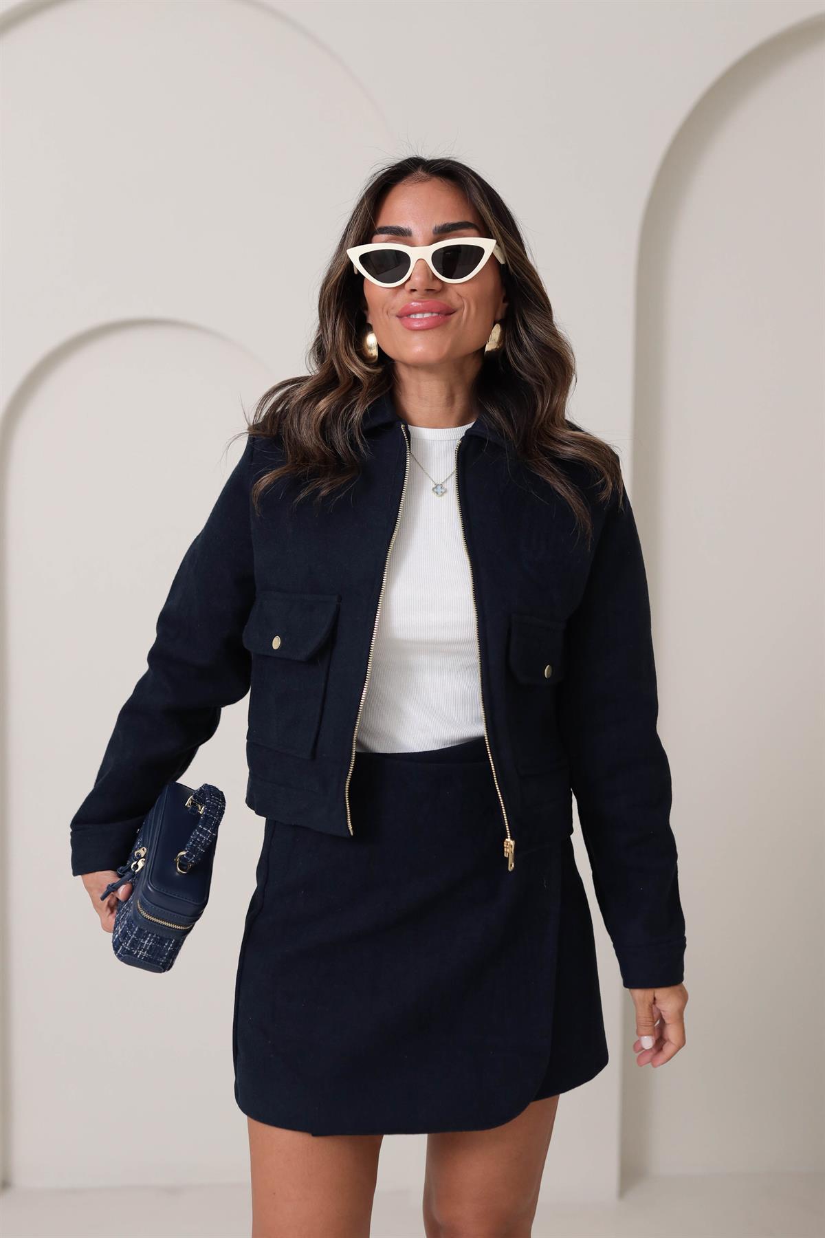 0089 Gold Düğmeli Cep Detaylı Fermuarlı Kaşe Ceket