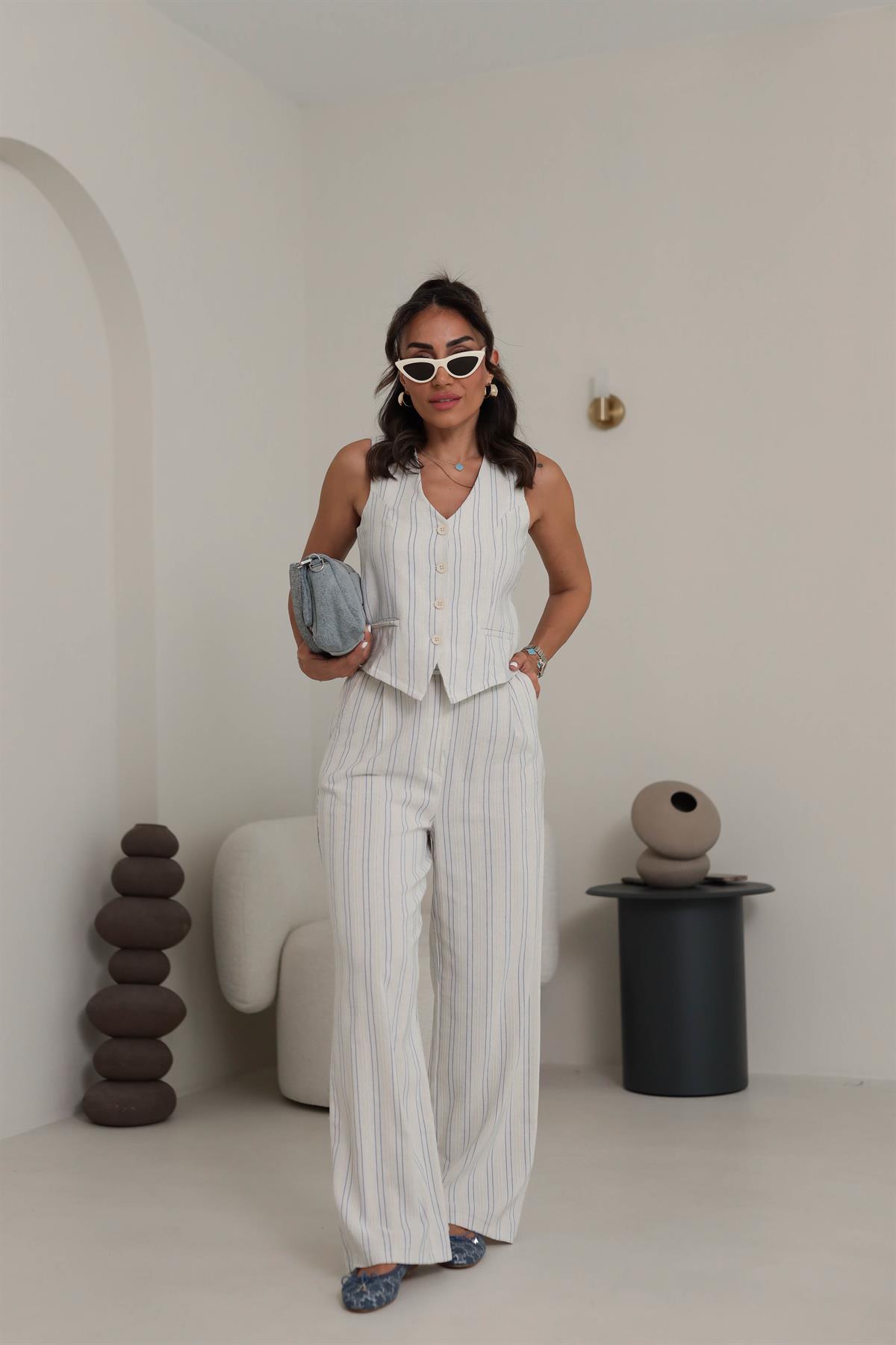 6159 Keten Kumaş Çizgili Yelek Takım EKRU