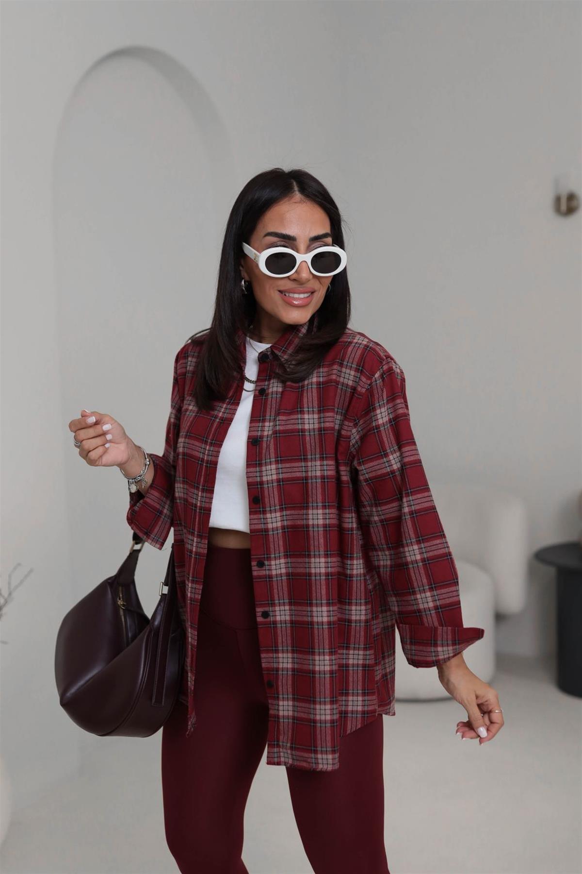 6835 Oversize Kareli Oduncu Gömlek BORDO