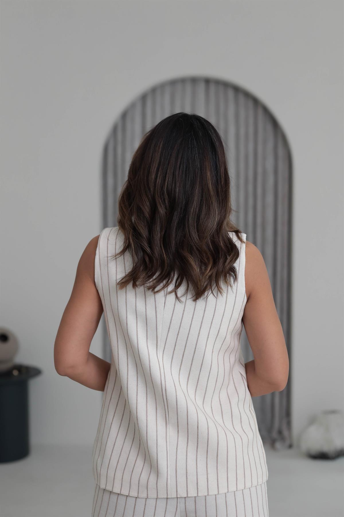 8669 Tek Düğmeli Çizgili Keten Yelek & Pantolon Takım VİZON