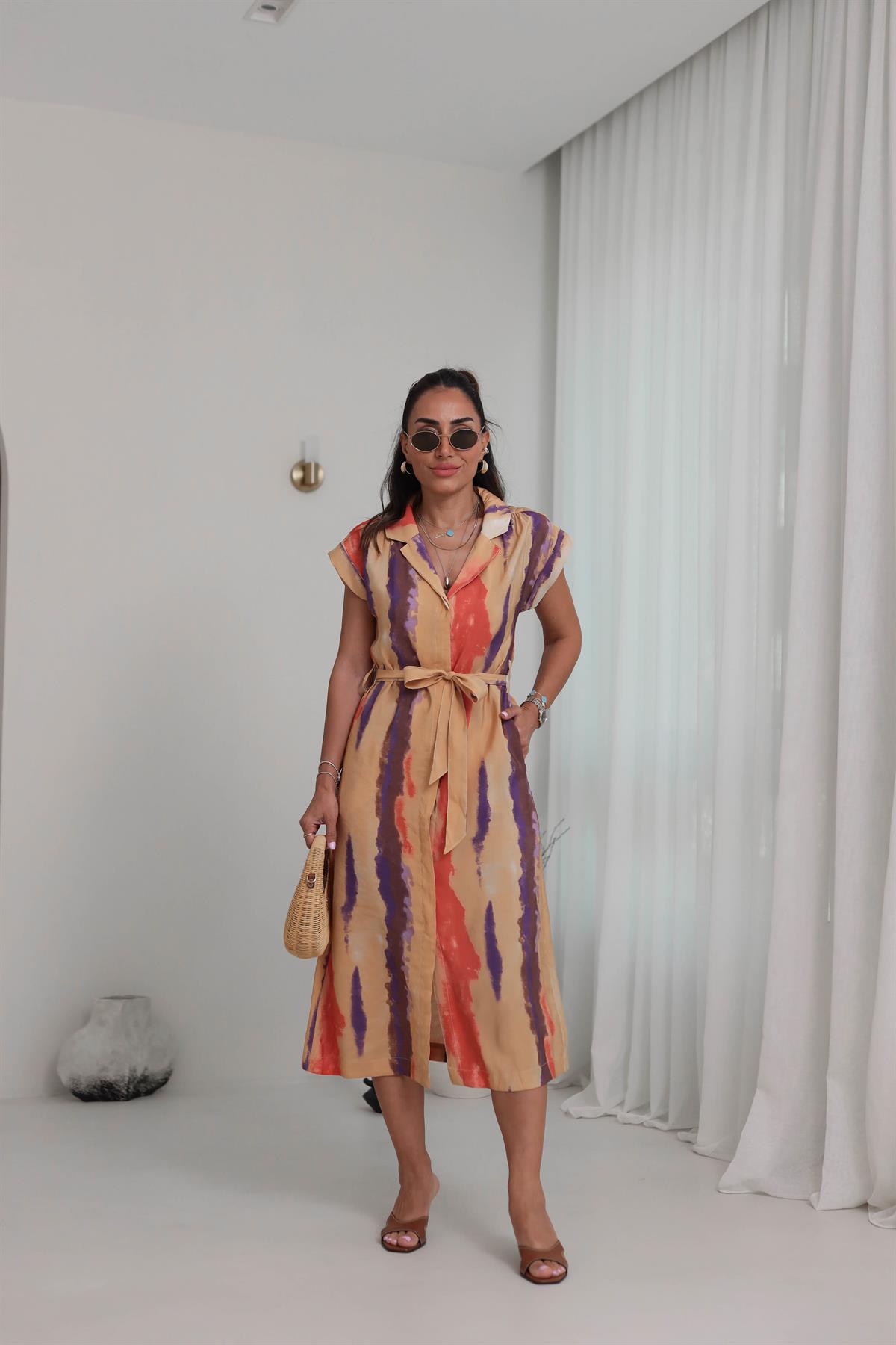 6284 Desenli Viskon Gömlek Elbise RENKLİ