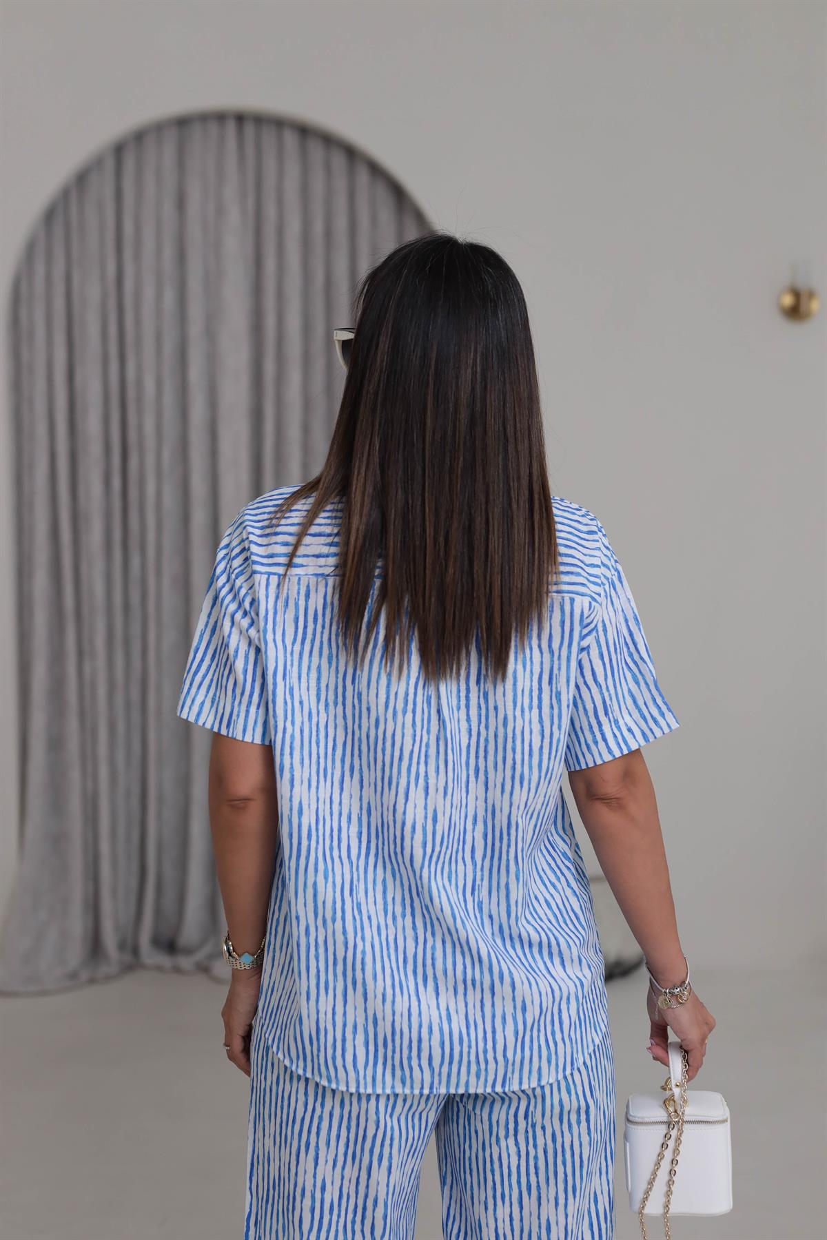 3462 Çizgi Desen Gömlekli Pantolon Takım MAVİBEYAZ