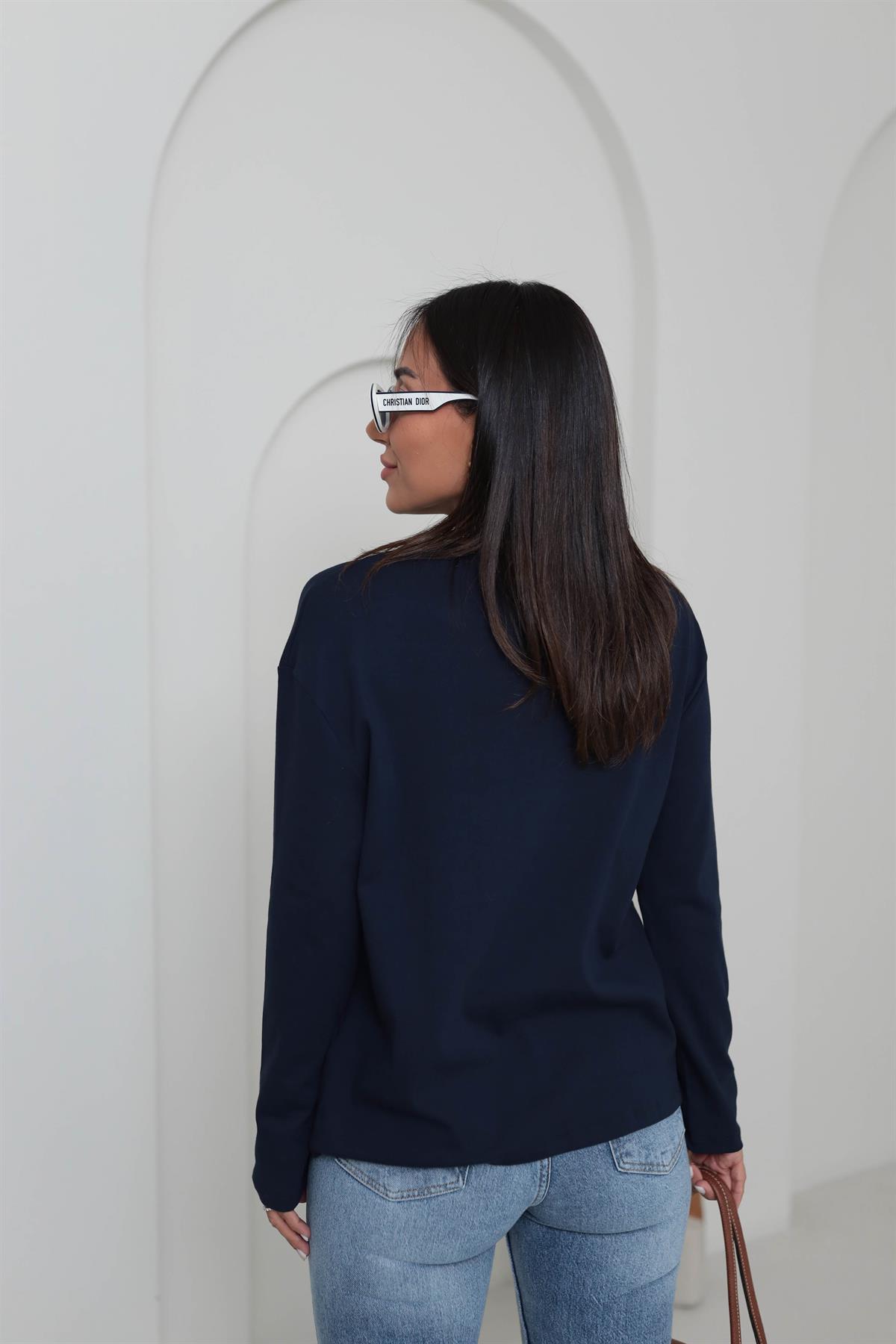 4141 Bisiklet Yaka Uzun Kol Penye Bluz LACİVERT