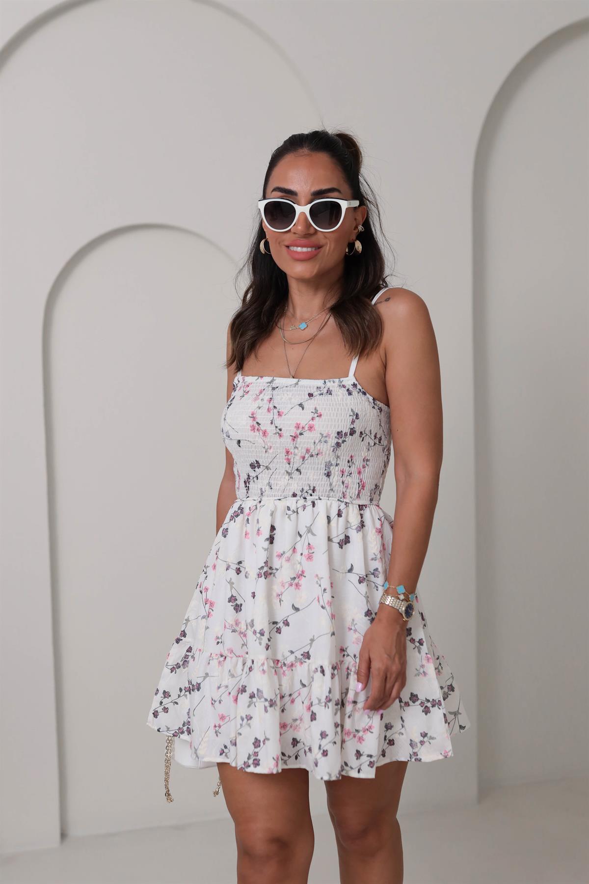 0014 Askılı Çiçekli Üstü Gipeli Elbise BEYAZ