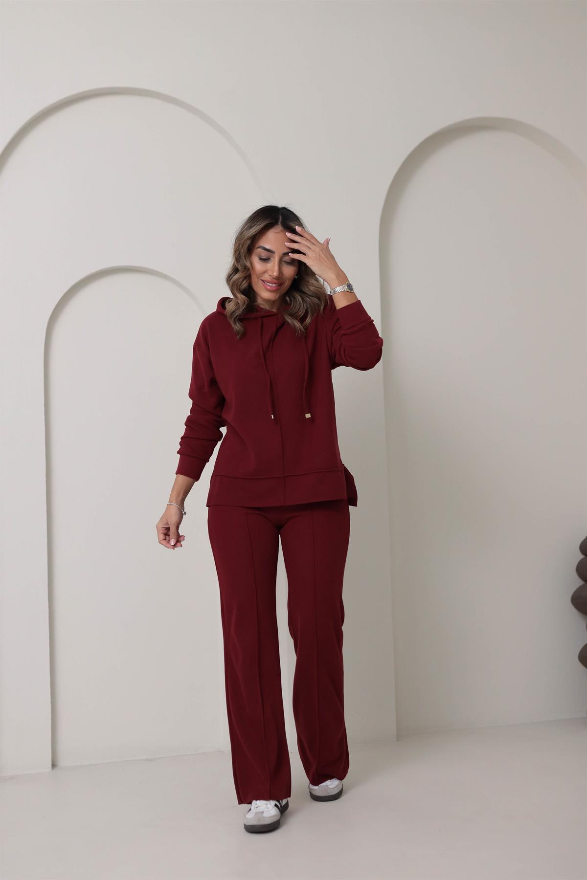 09T2 Ön Dikiş Detaylı Dokulu Rahat Takım BORDO