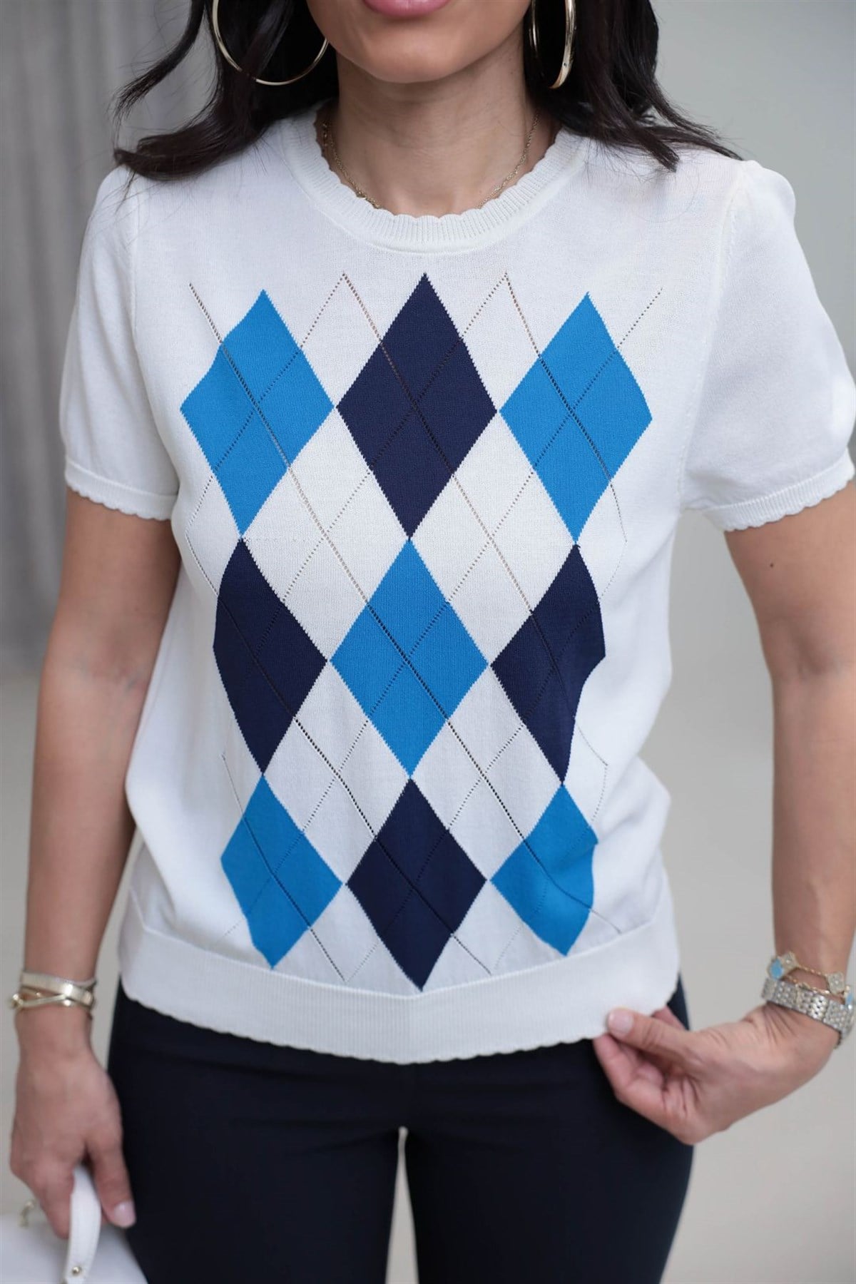 0617 Baklava Desenli Rayon Triko Bluz KREM