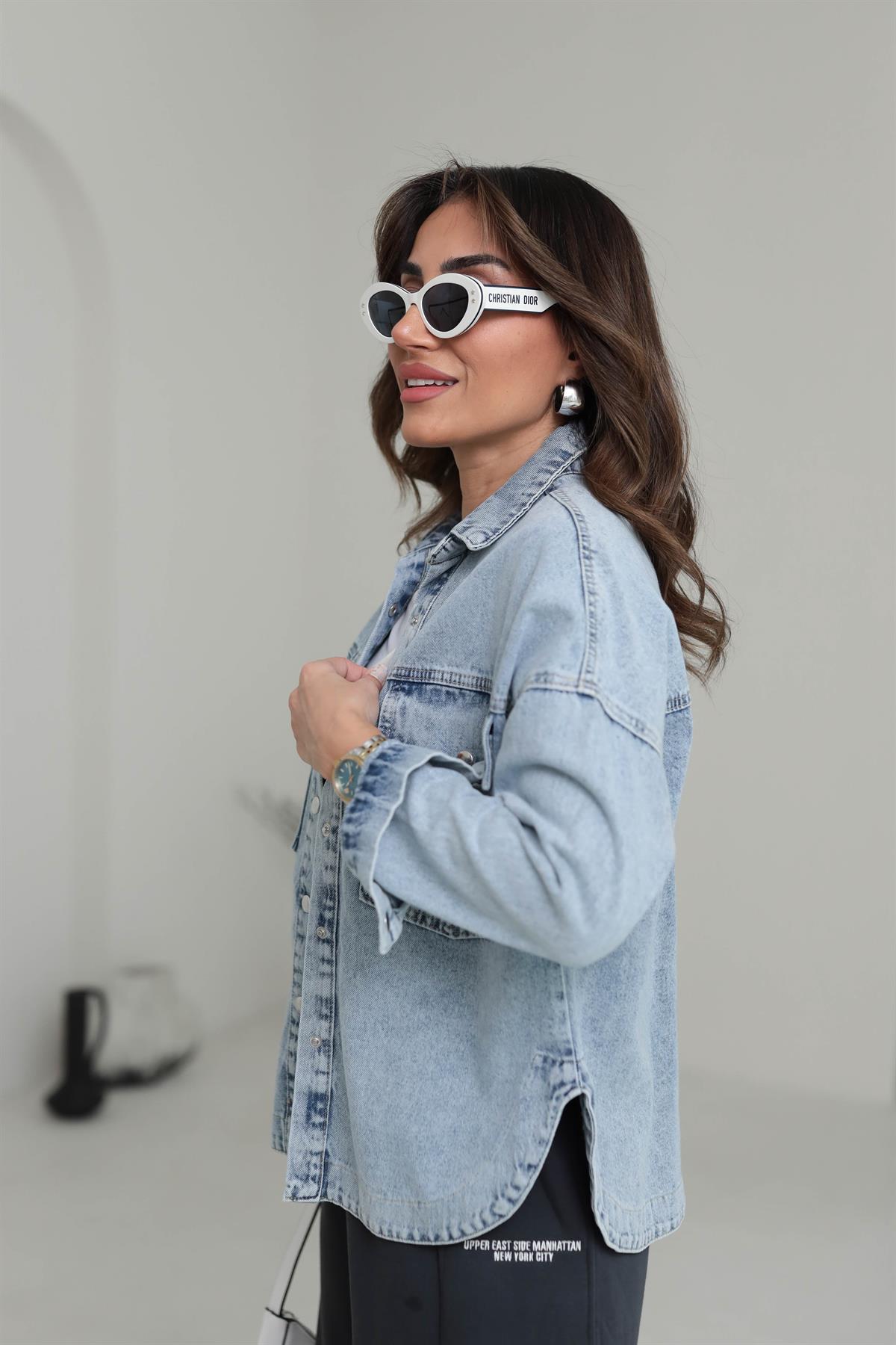 3406 Önden Çıtçıt Düğmeli Kot Ceket AÇIK MAVİ