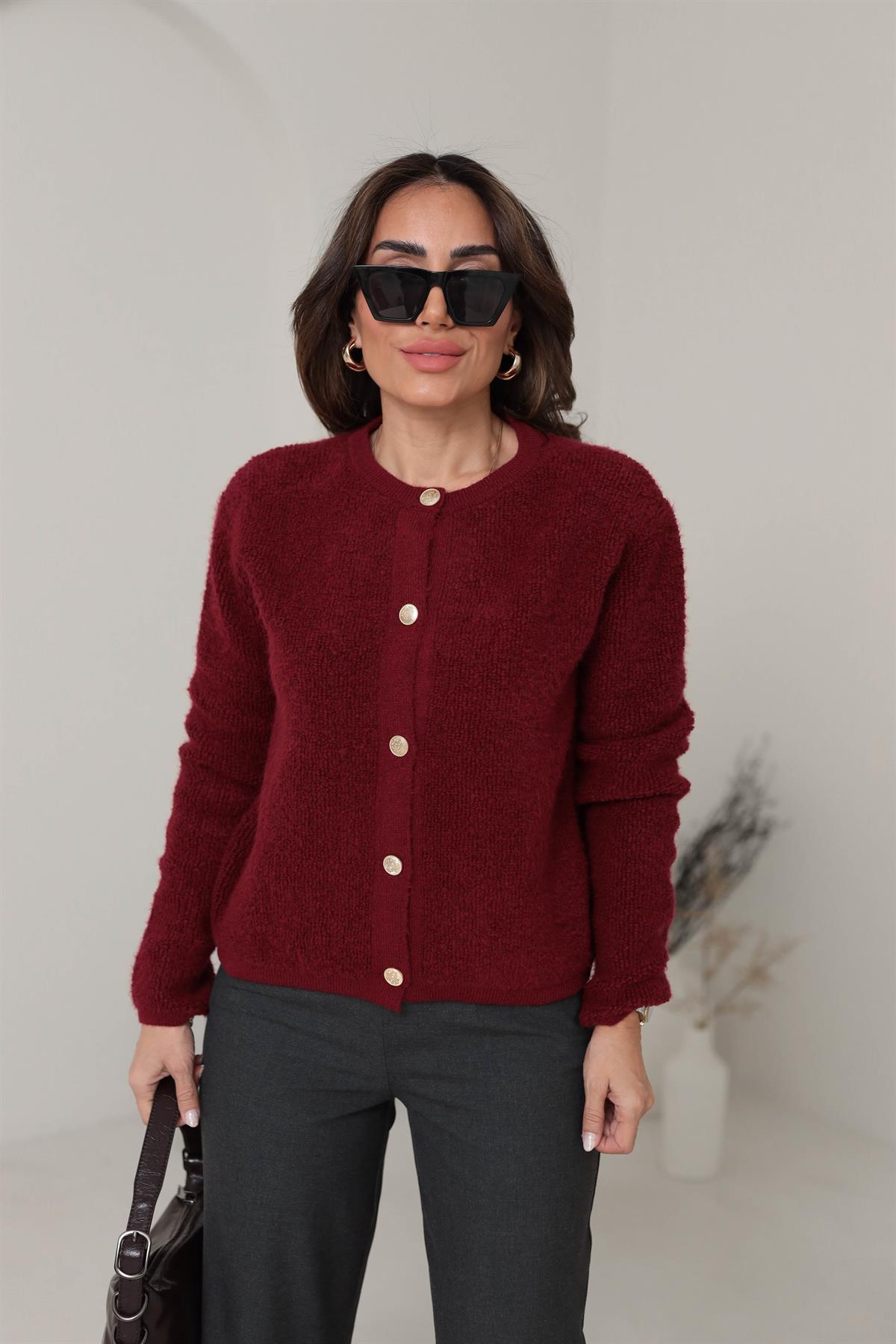 371 Gold Düğmeli Teddy Hırka BORDO