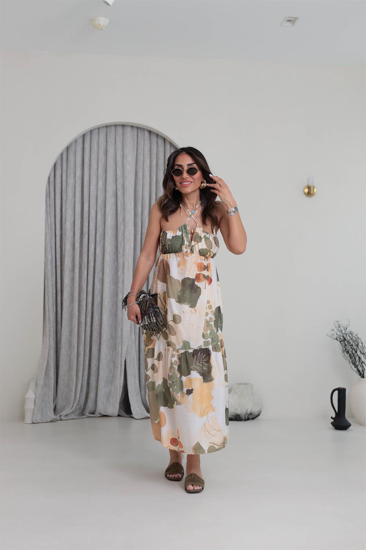 3771 Boyundan Bağlamalı Midi Elbise HAKİ YEŞİL