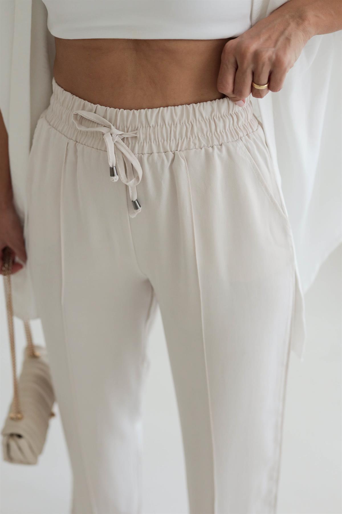 Tencel Kumaş Bel Lastikli Önü Çimalı Pantolon