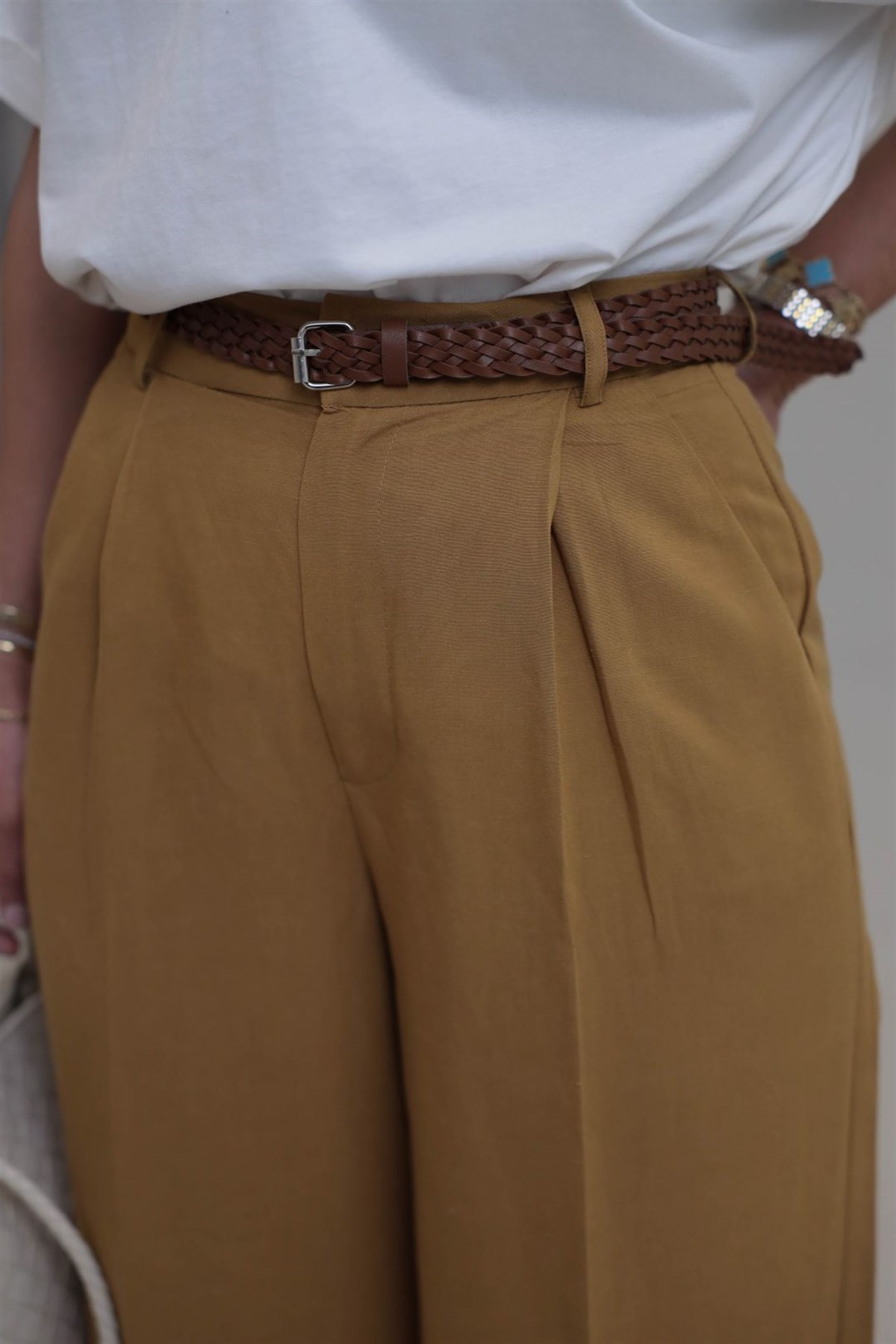 1150 Örme Kemerli Viskon Keten Pantolon YAĞ YEŞİLİ