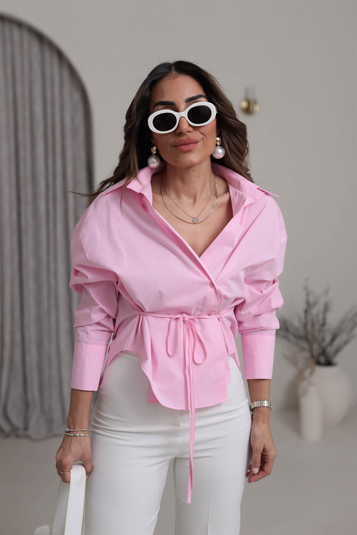 Bel Bağlama Detaylı Oversize Poplin Gömlek PEMBE