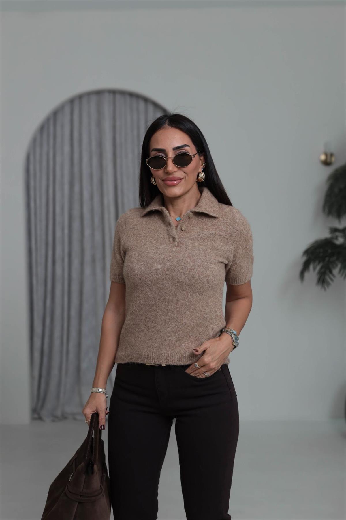0109 Polo Yaka Massi Kısa Kol Yumoş Kazak CAMEL
