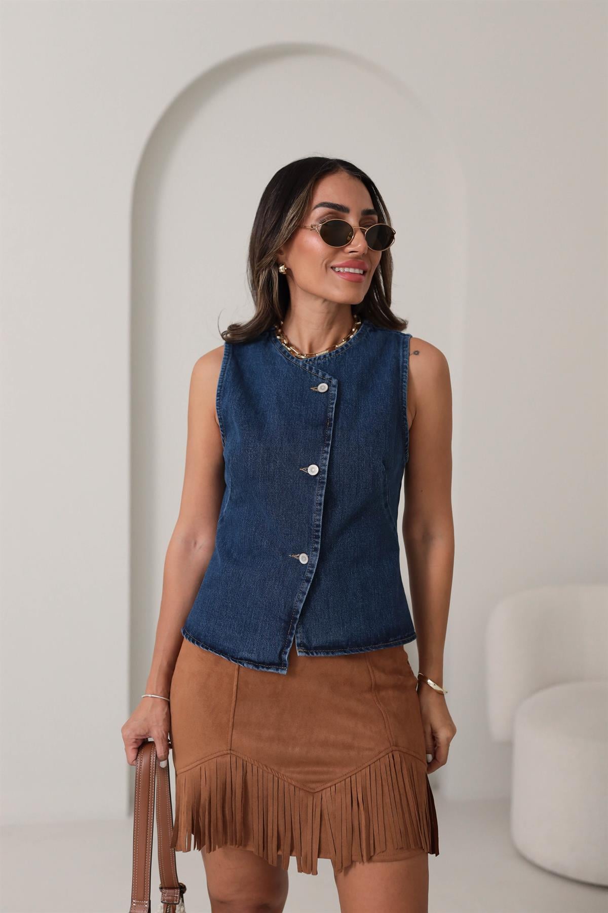 0741 Sıfır Yaka Pensli Kot Yelek LACİVERT