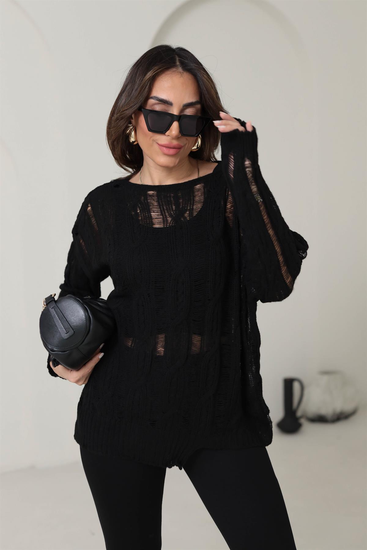 4134 Saç Örgülü Ajurlu Triko SİYAH