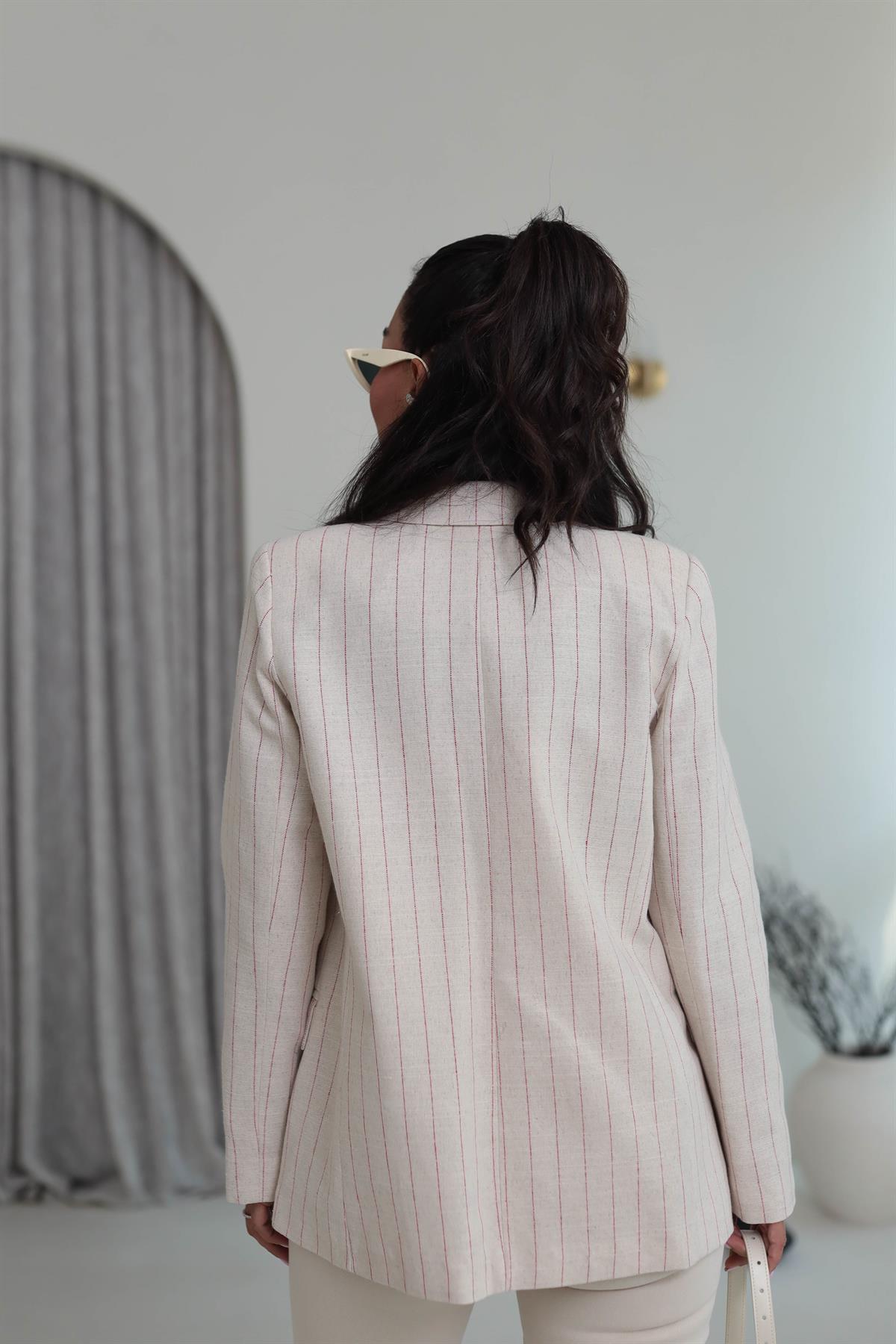 9296 Çizgili Gold Düğmeli Keten Ceket KIRMIZI