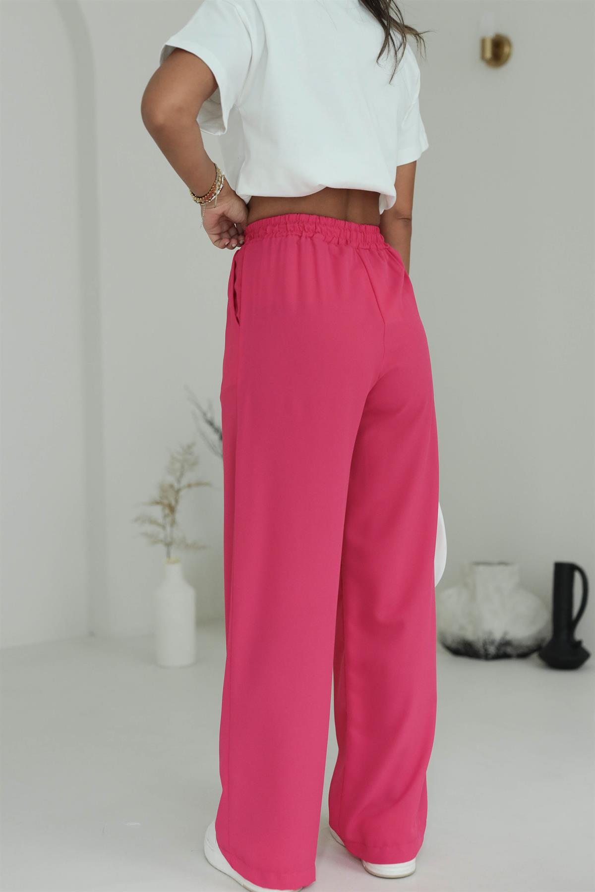 8779 Beli Lastikli Bol Paça Pantolon FUŞYA