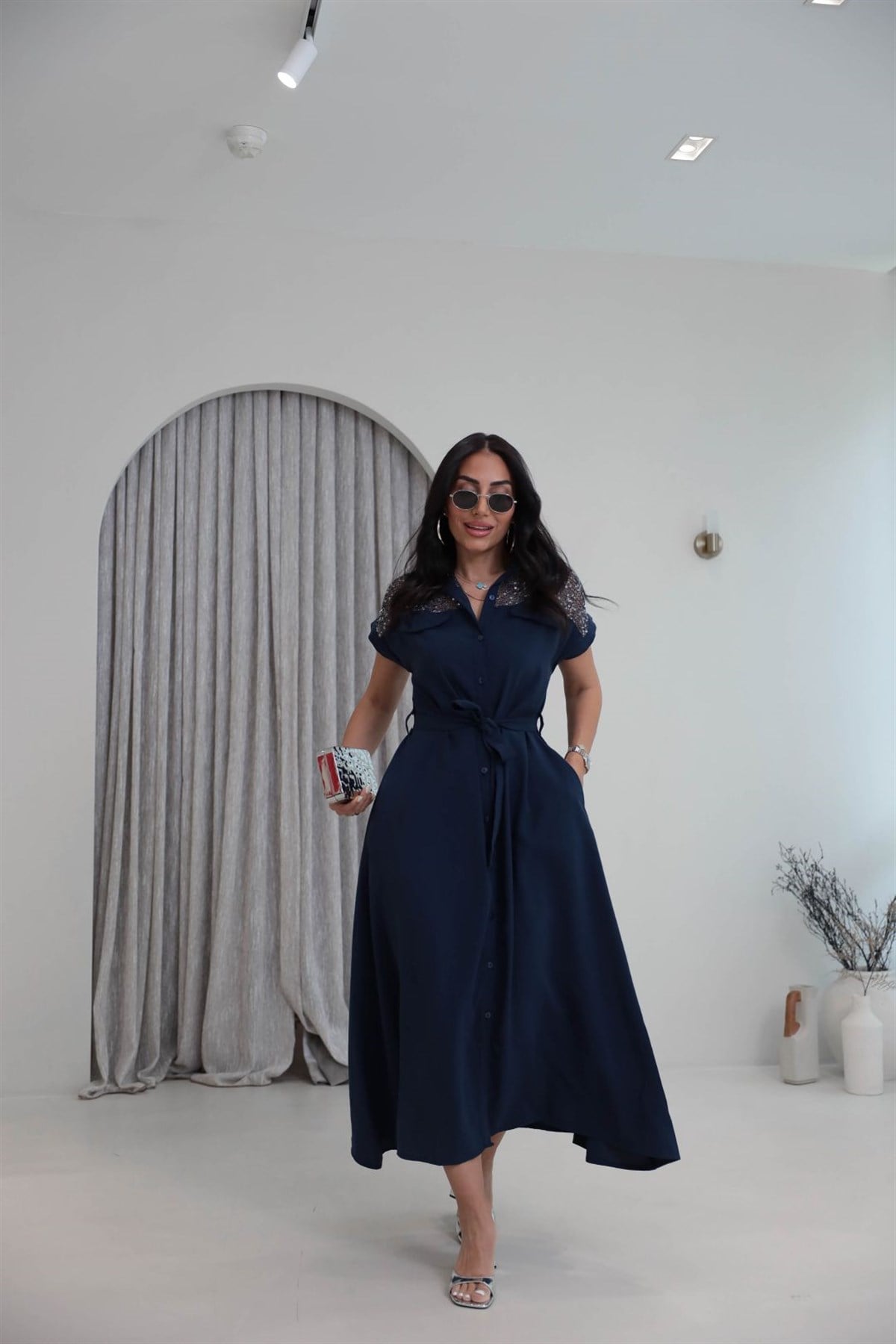 7184 Pul ve File Detaylı Tencel Kumaş Elbise LACİVERT