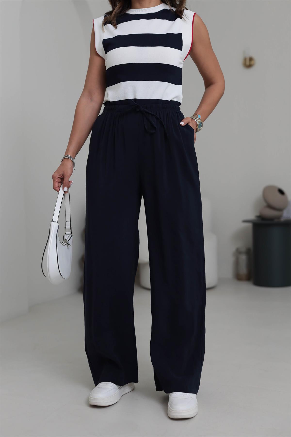 8002 Beli Lastikli Bağcıklı Tencel Pantolon LACİVERT