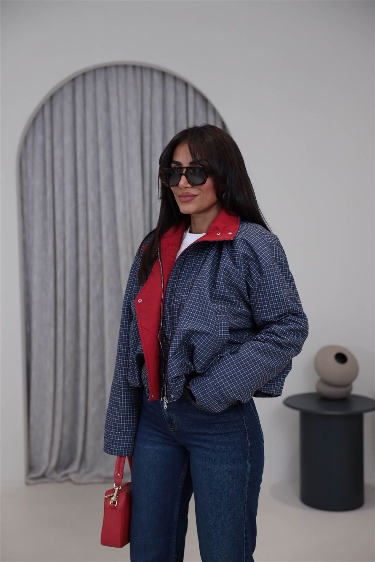 7990 Dik Yaka Ekose Desenli Mont EKOSE