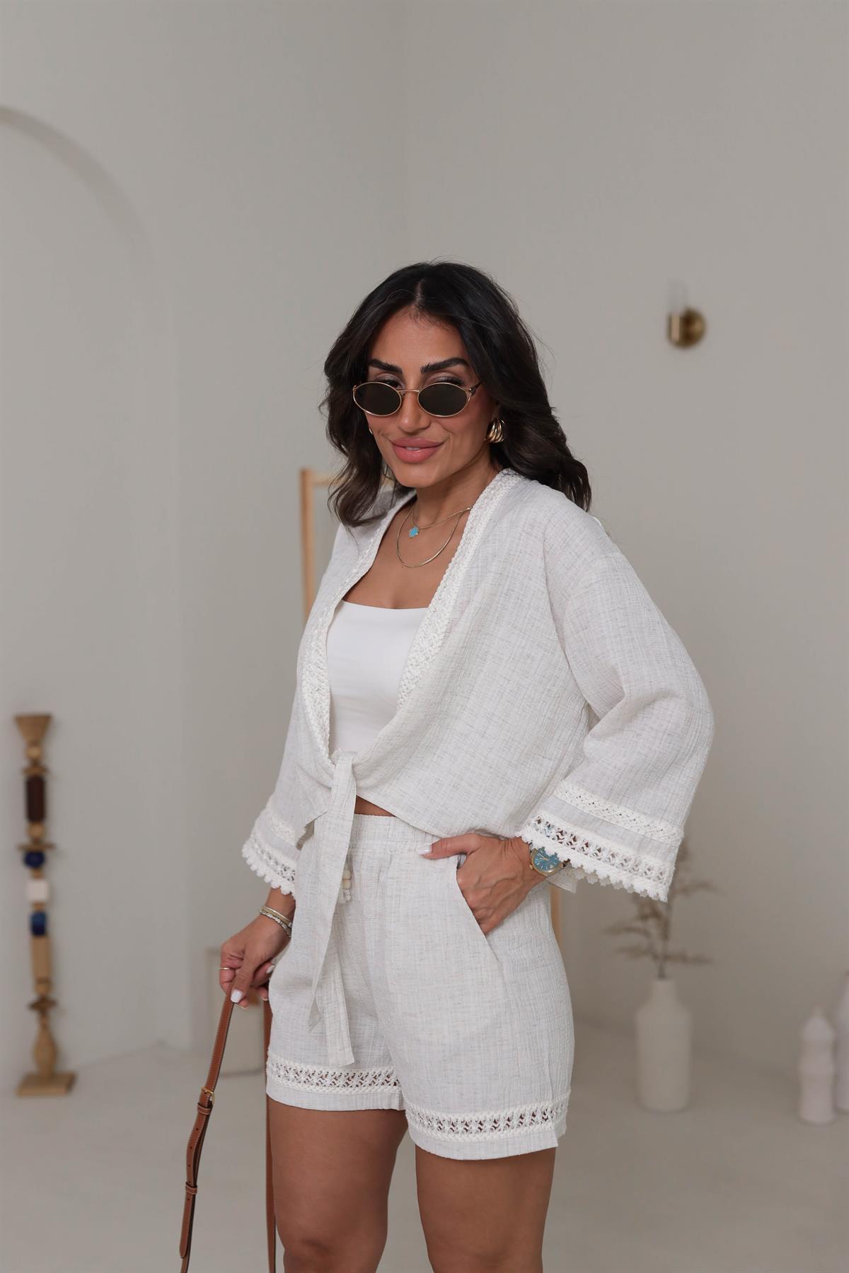 0357 İşlemeli Bel Bağlamalı Krinkıl Kimono NATURAL