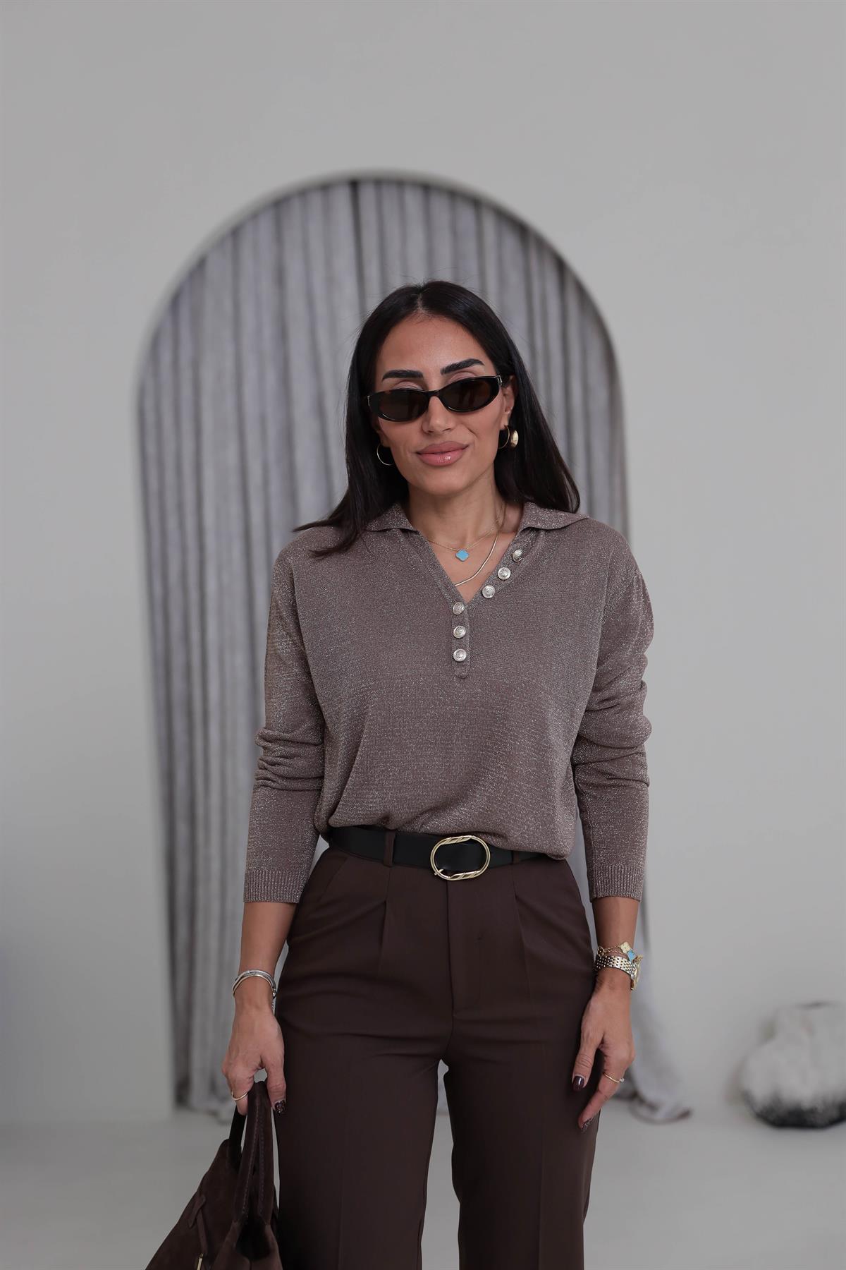 Simli Polo Yaka Bluz VİZON