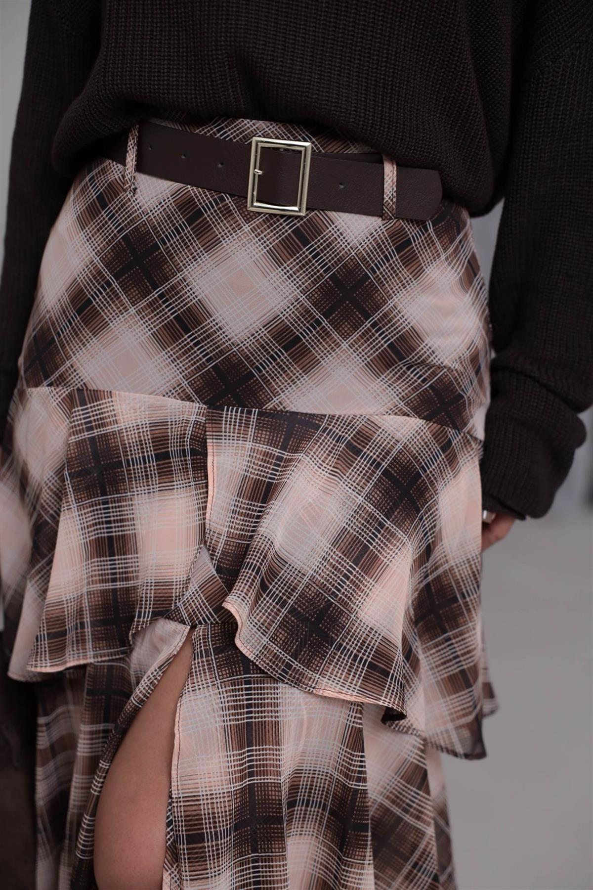 7205 Kemerli Katlı Şifon Etek BEJ-KAHVE