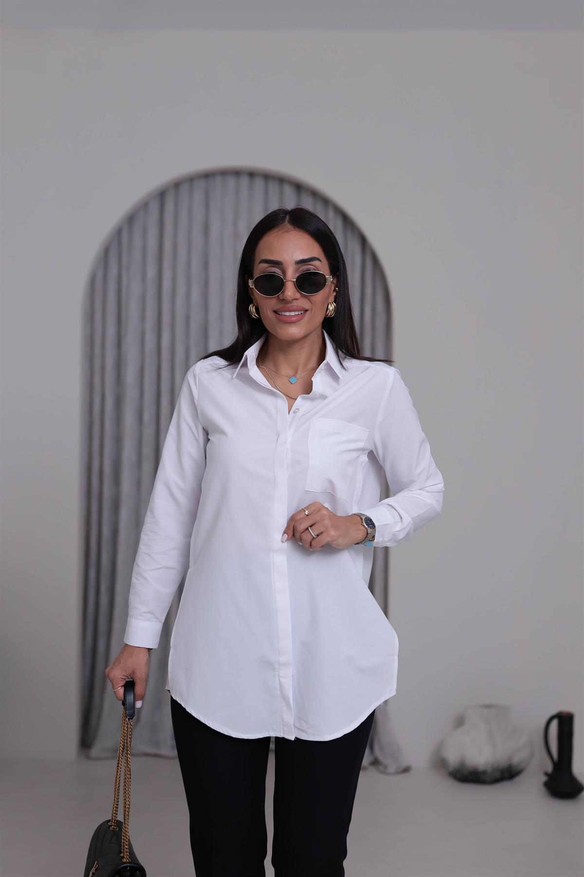 0626 Boyfriend Kalıp Gizli Düğmeli Gömlek BEYAZ