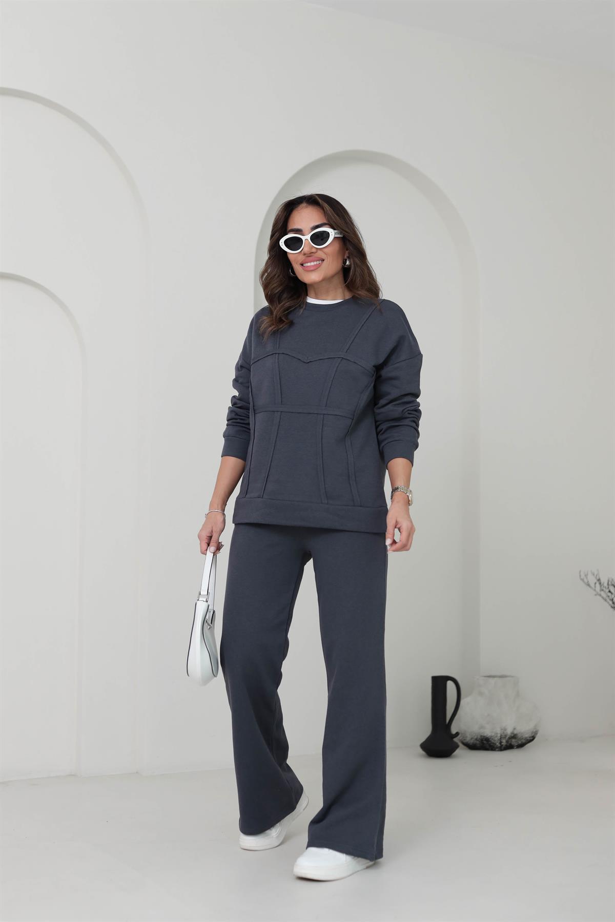 Bisiklet Yaka Dikiş Detaylı Eşofman Takımı ANTRASİT
