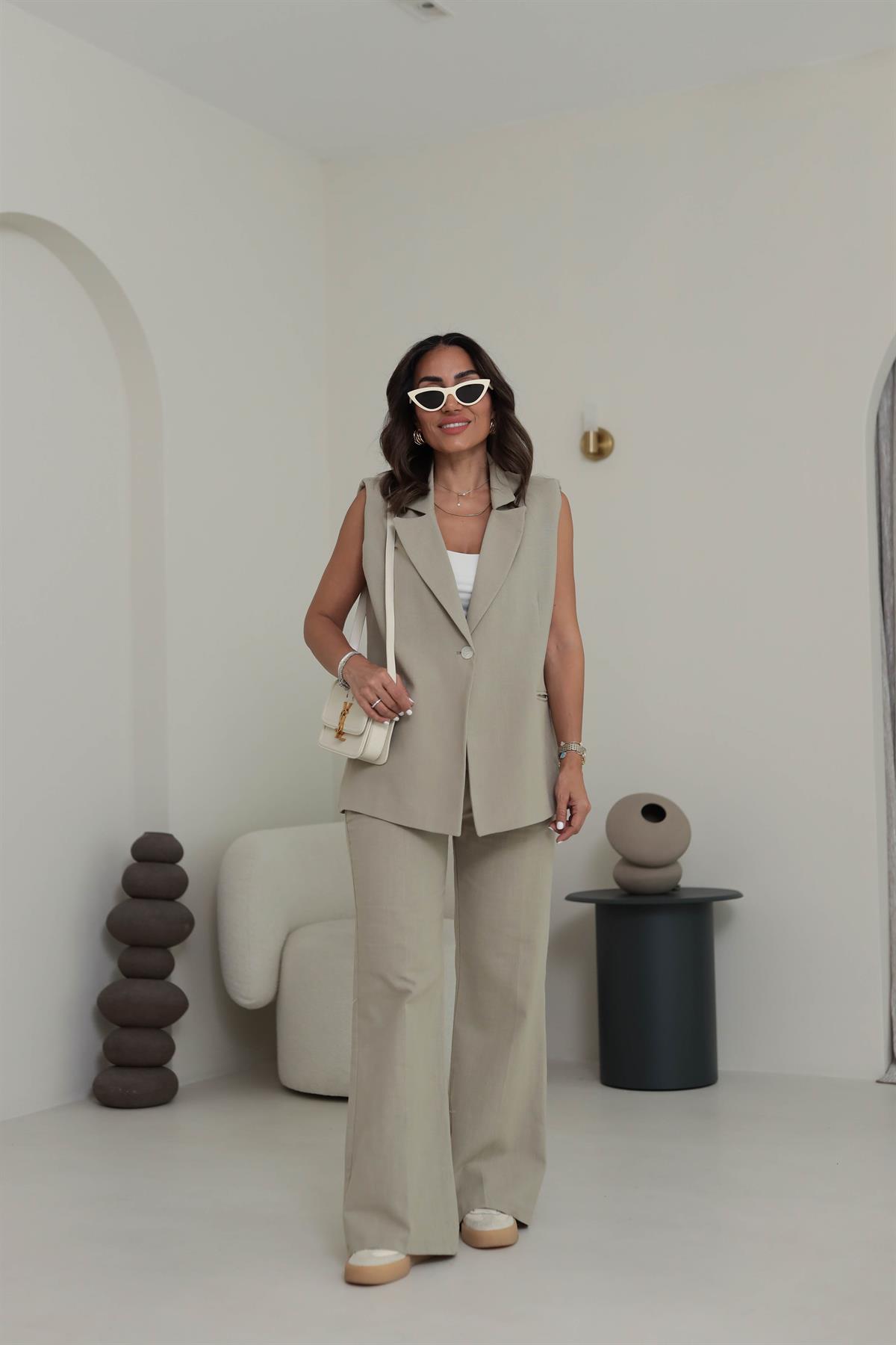 Omuz Vatkalı Yelek Keten Takım HAKİ YEŞİL