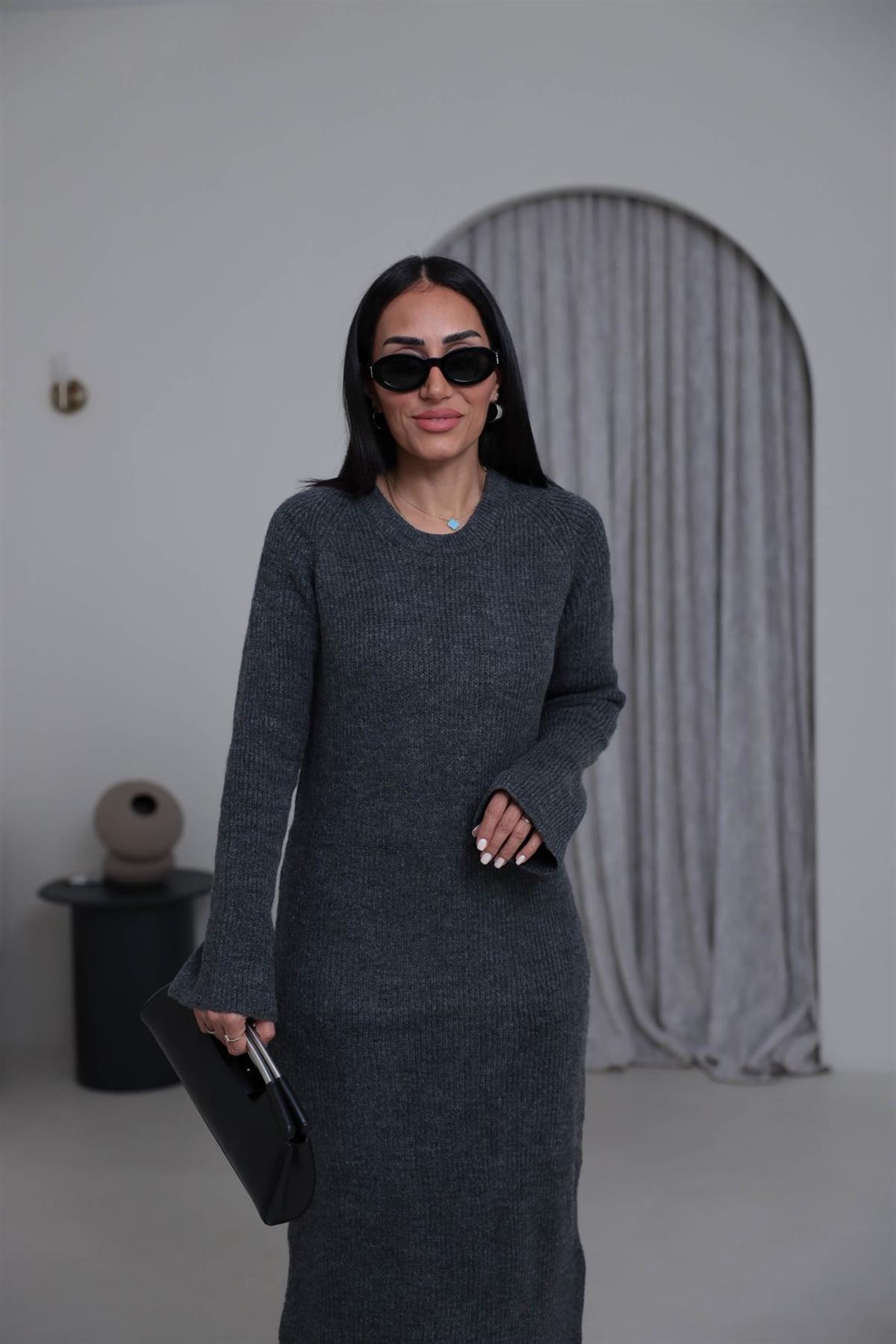 5137 Selanik Örgü Uzun Triko Elbise KOYU GRİ