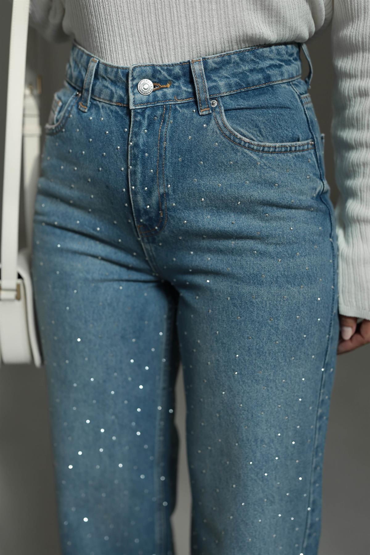 T1071 Yüksek Bel Taşlı Palazzo Jean MAVİ