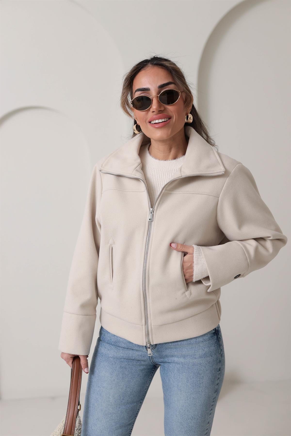 9567 Fermuarlı Kaşe Mont TAŞ