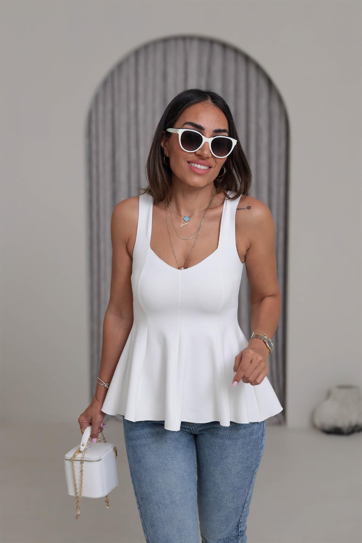 1973 Örme Kalın Askılı Peplum Bluz EKRU