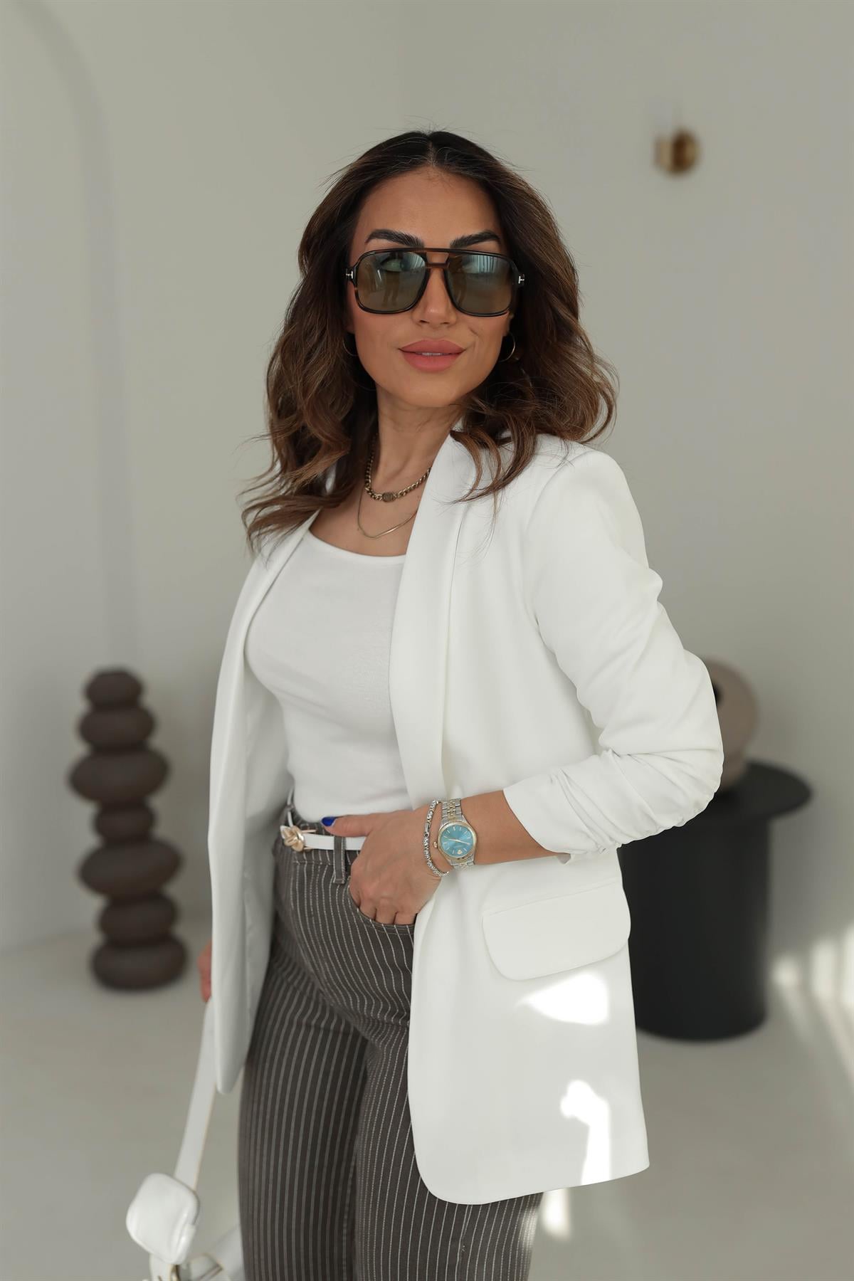 3101K Kol Büzgülü Blazer Ceket BEYAZ