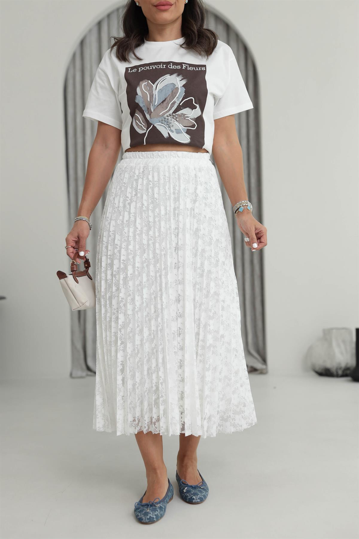 7206 Dantelli Pliseli Etek BEYAZ