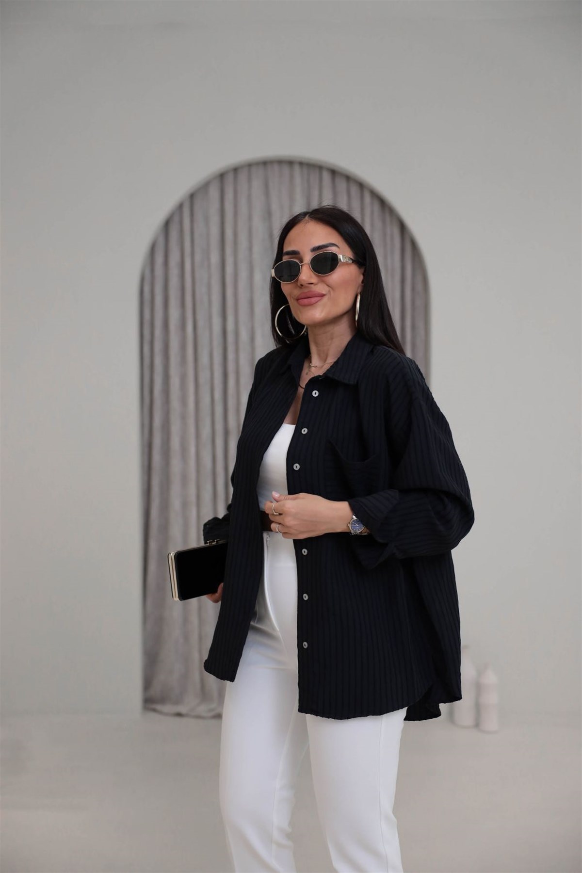 5000 Çizgili Modal Dokulu Oversize Gömlek SİYAH