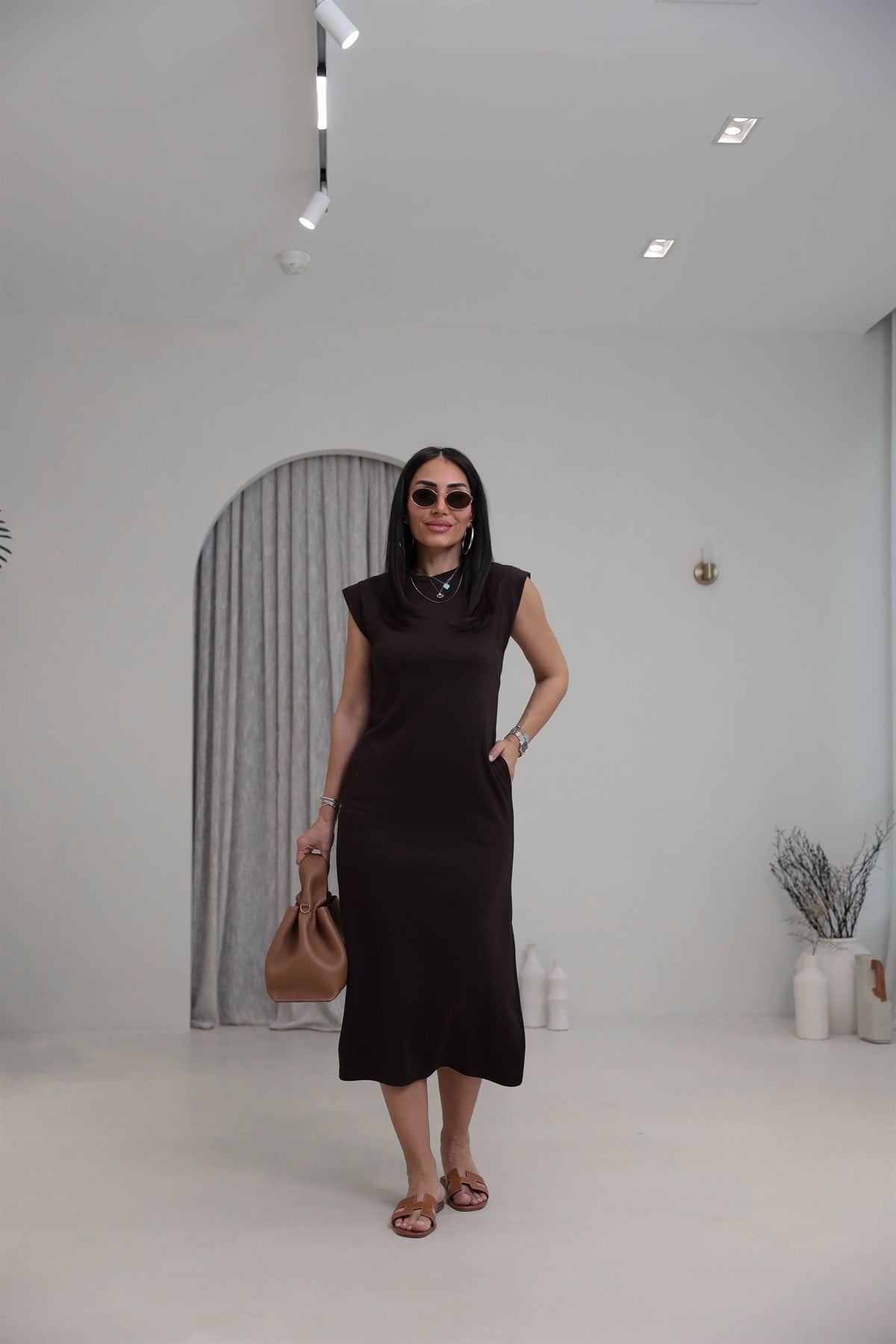 4254 Kol Detaylı Modal Rahat Elbise KAHVE