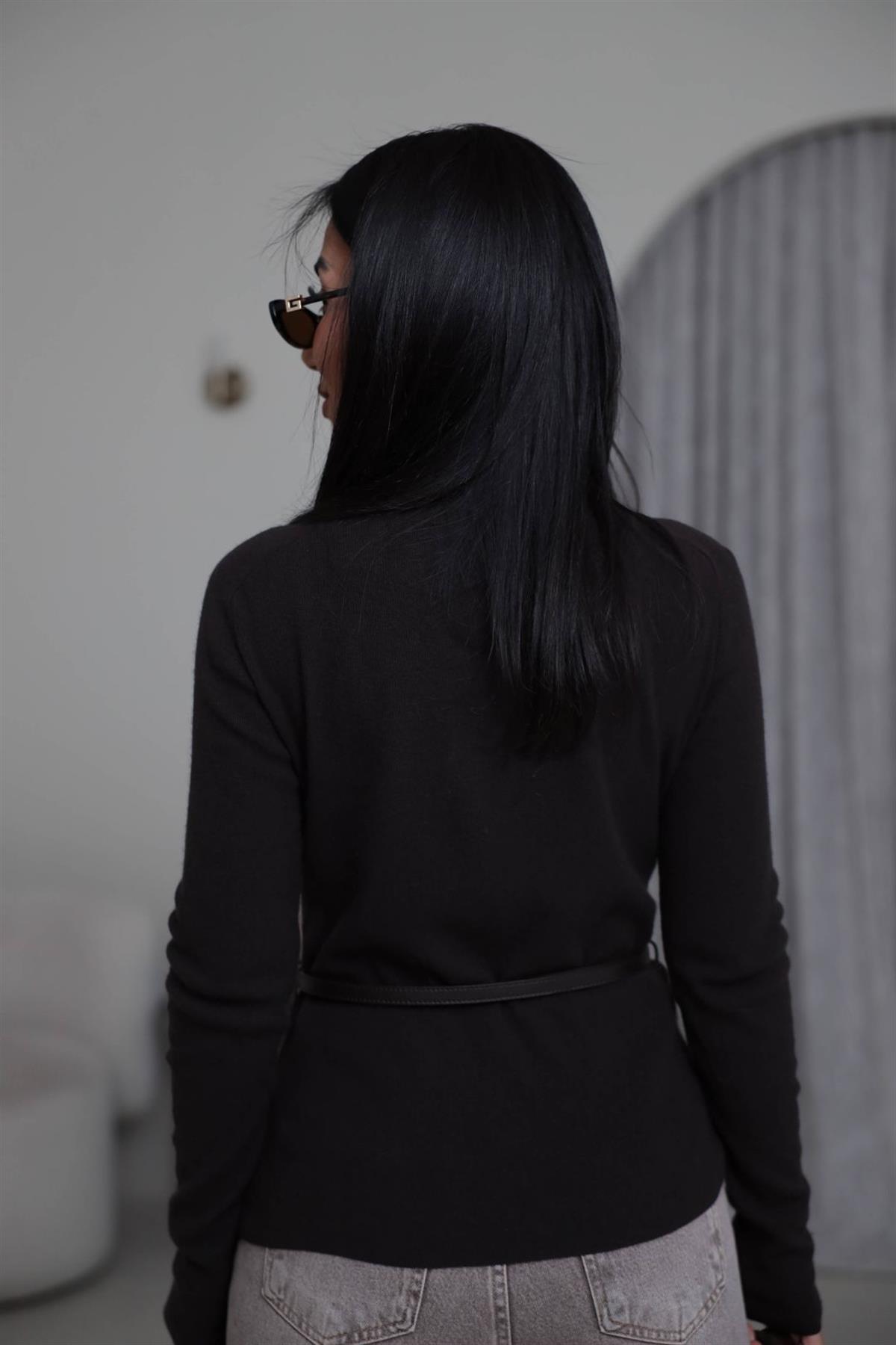 0861 Balıkçı Yaka Kaşmirli Kemerli Kazak KAHVE