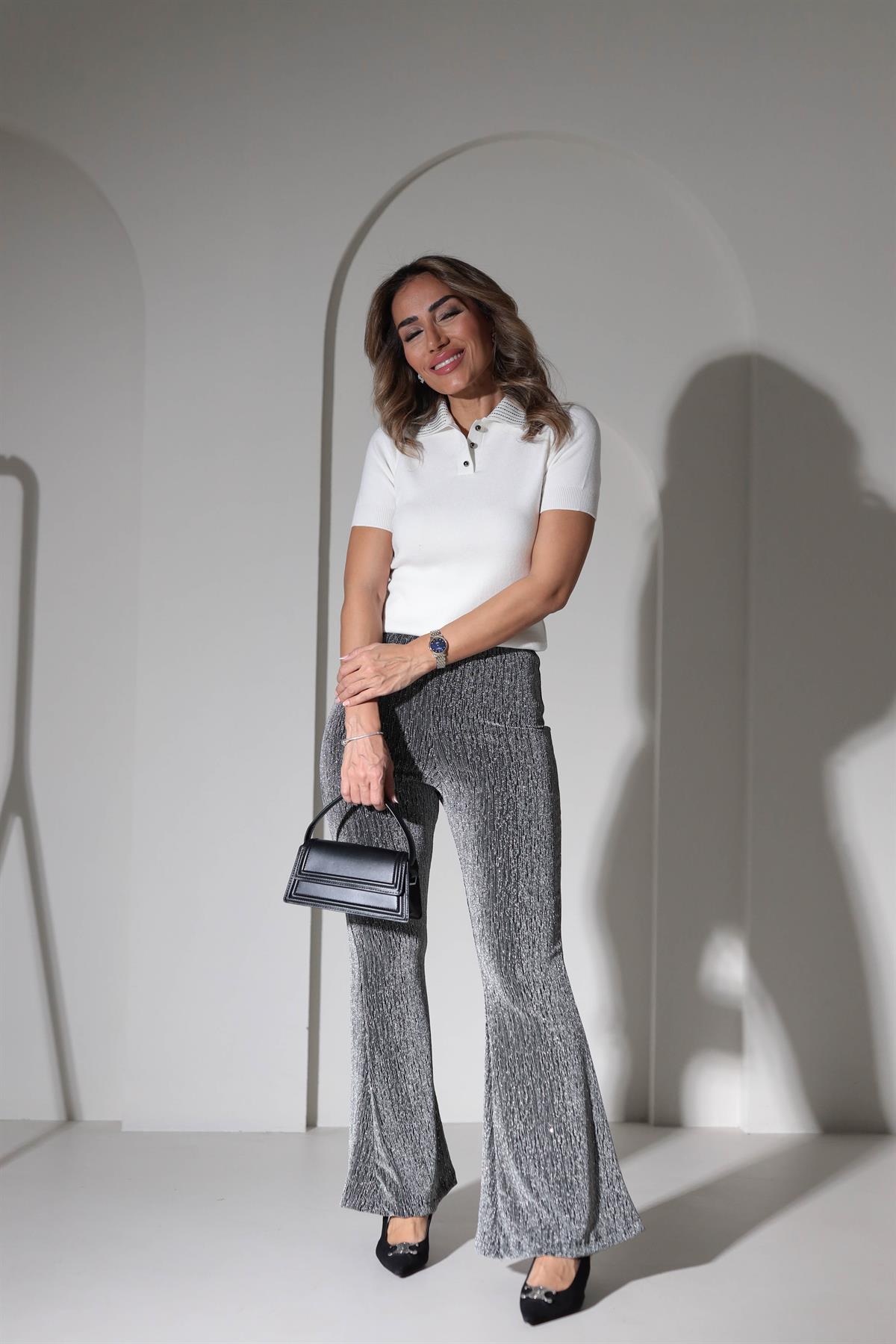 9417 Taşlı Pırıltılı İspanyol Paça Likralı Pantolon GRİ