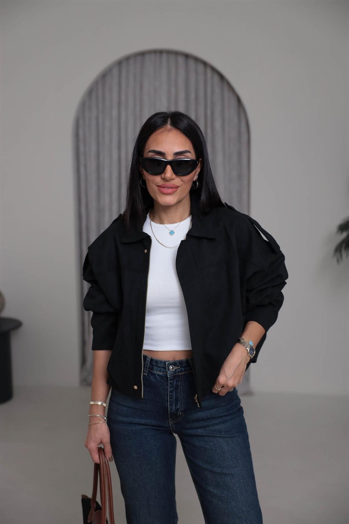 0493 Gömlek Yaka Apoletli Süet Bomber SİYAH