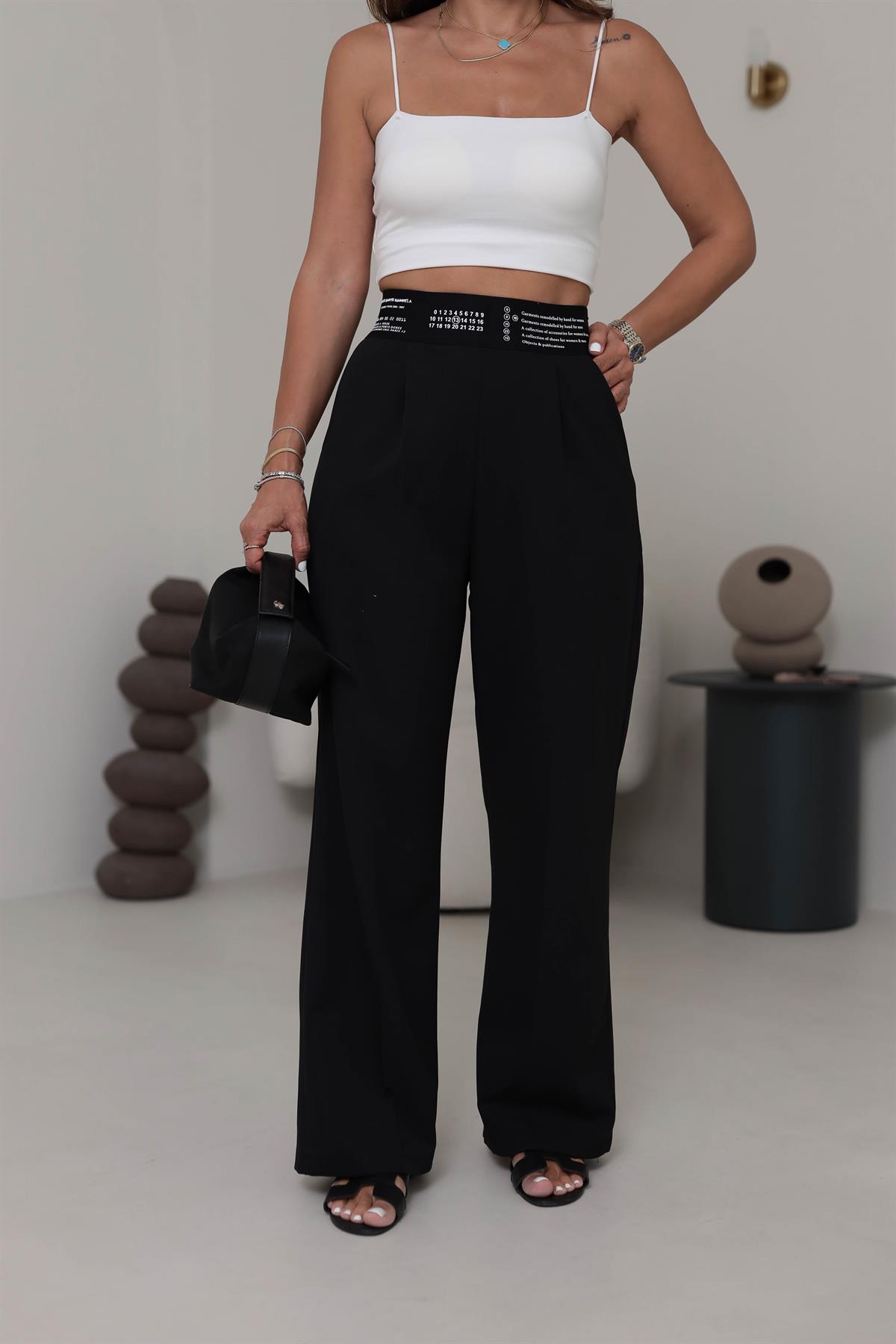 1153 Beli Lastik Ve Yazılı Palazzo Pantolon SİYAH