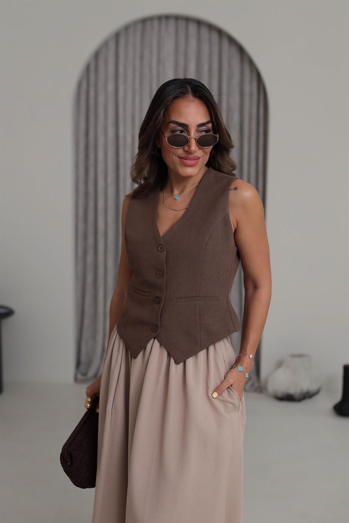 1144 Arka Toka Detay Terni Yelek KAHVE