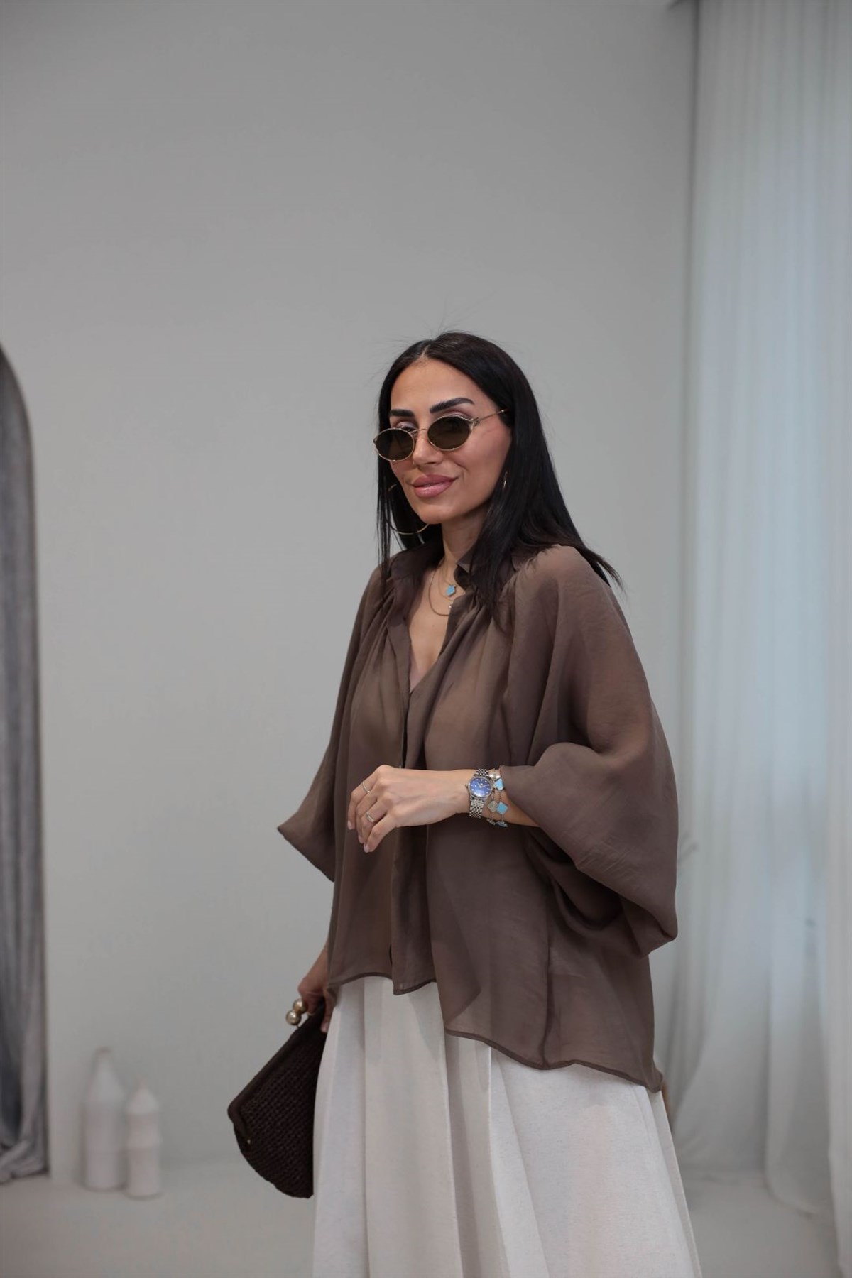 5018 Büzgü Detaylı Tencel Gömlek KAHVE